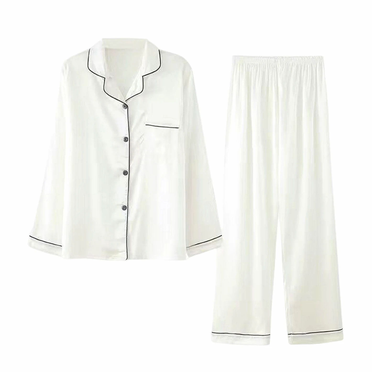 MOGSA Pijama de seda para mujer, para primavera y verano, pantalones de manga larga, traje de satén de seda de hielo, talla grande