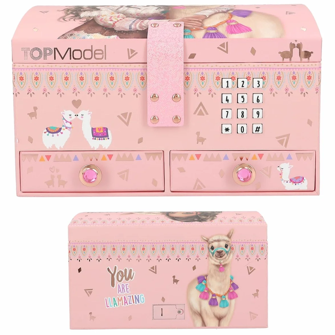 Depesche TOPModel Cosy-Pequeño Rosa Joyero con Motivo de Alpaca y Modelo, Abre con Código de Sonido, Espejo Tapa abatible Multicolor