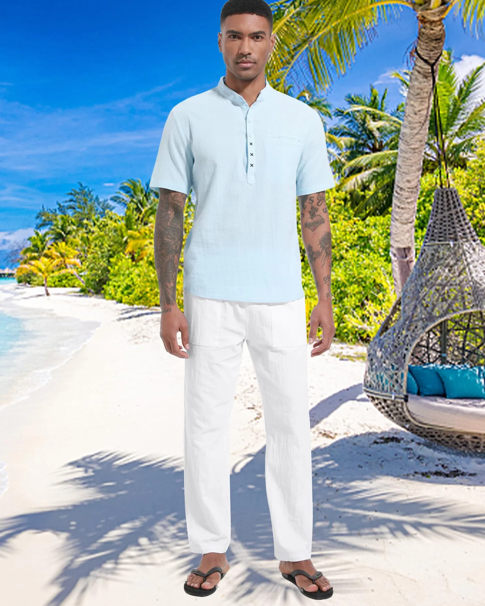 LVCBL Pantalones Deportivos Casuales de Lino para Hombre para Verano Holgados para Yoga Playa con Cintura Elástica