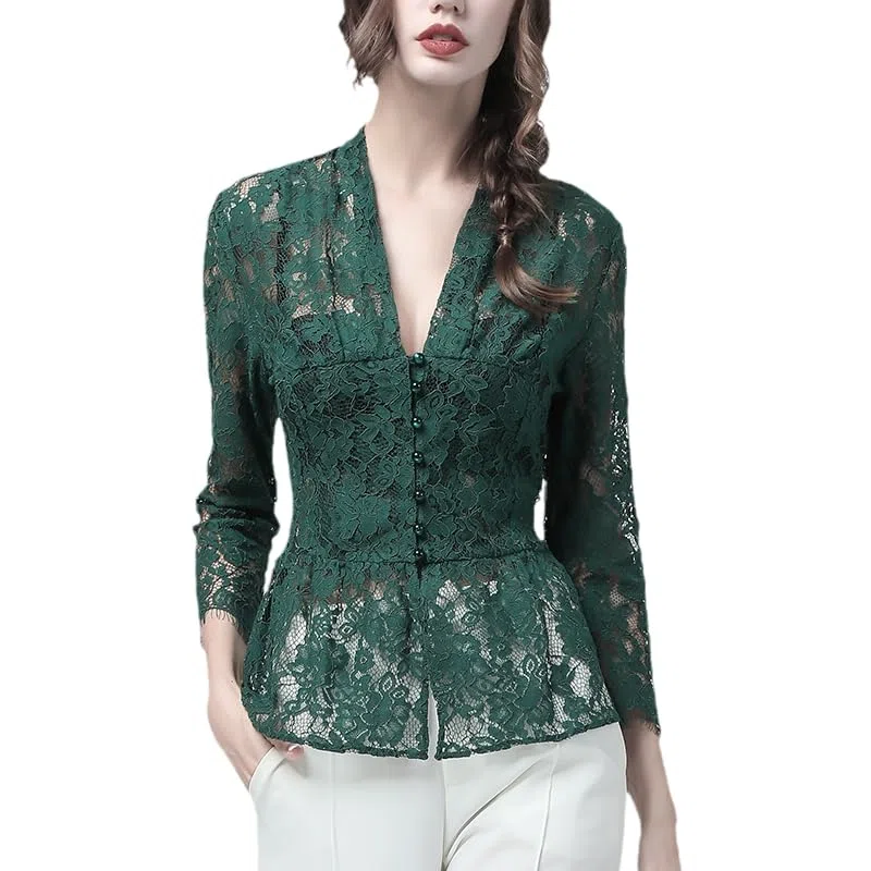 Blusa de Encaje para Mujer, Camisa Hueca Transparente, Top de Primavera y Verano con Mangas 9/10, Tops de Trabajo Ajustados Sexis con Cuello en V (En8 L)