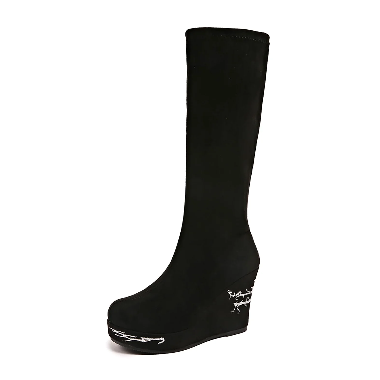Botas por Encima de la Rodilla Botas de Media Pantorrilla con Estampado, tacón Grueso, sin Cordones, Punta Redonda, Estilo Retro, Informal, a la Moda, cómodas para Caminar