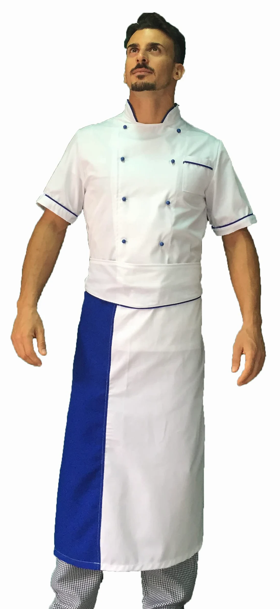 Bordado gratuito – Conjunto de cocinero para hombre – blanco, azul y pié de pule – uniforme de chef de manga corta – chaqueta, pantalones y delantal – Uniforme para cocina y
