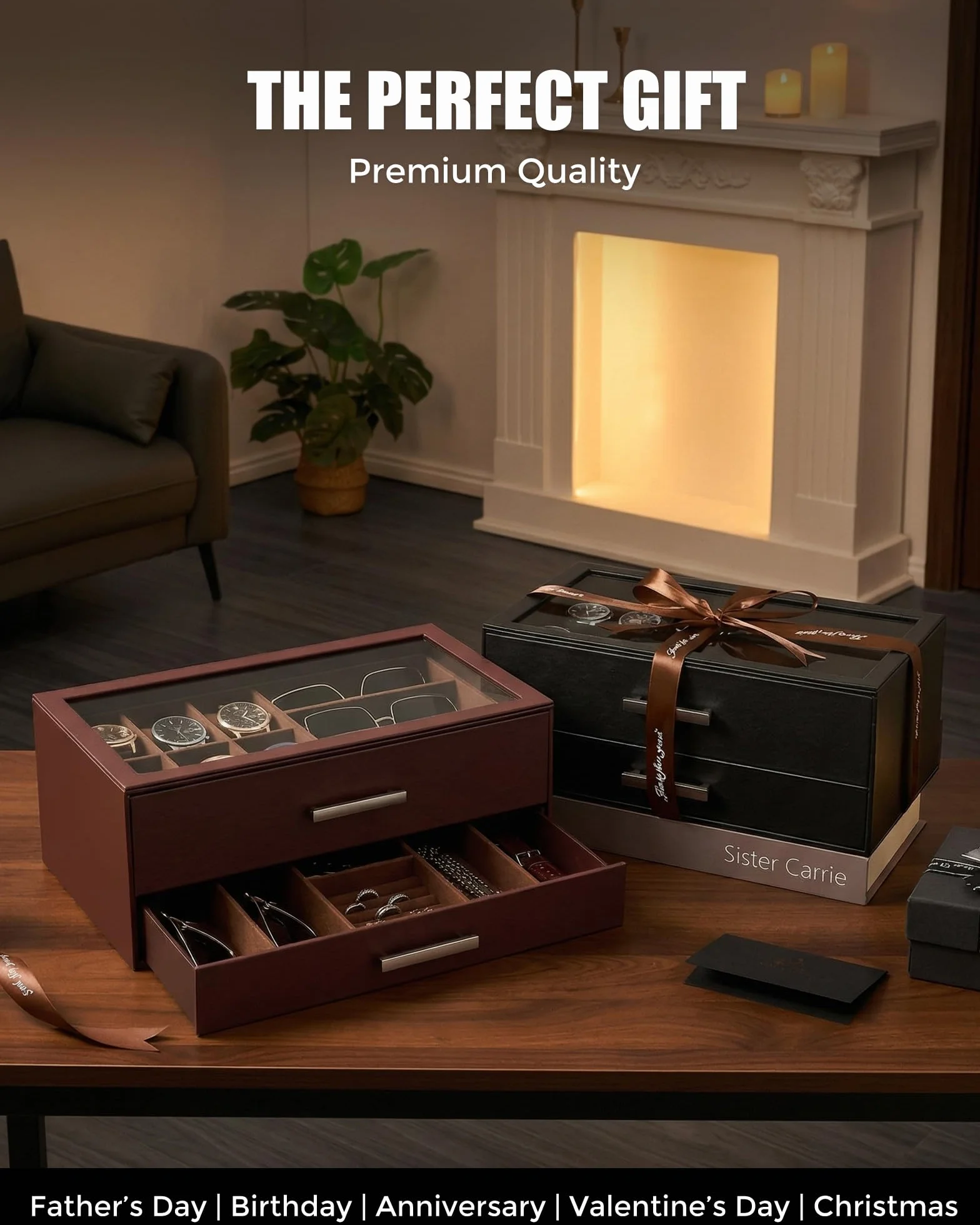 ProCase Caja para Relojes, Estuche para Relojes, Organizador de Joyas para Hombre, Almacenamiento de Joyas con Tapa de Cristal Transparente, 2 Niveles, Almacenamiento para Relojes, Gafas -Negro