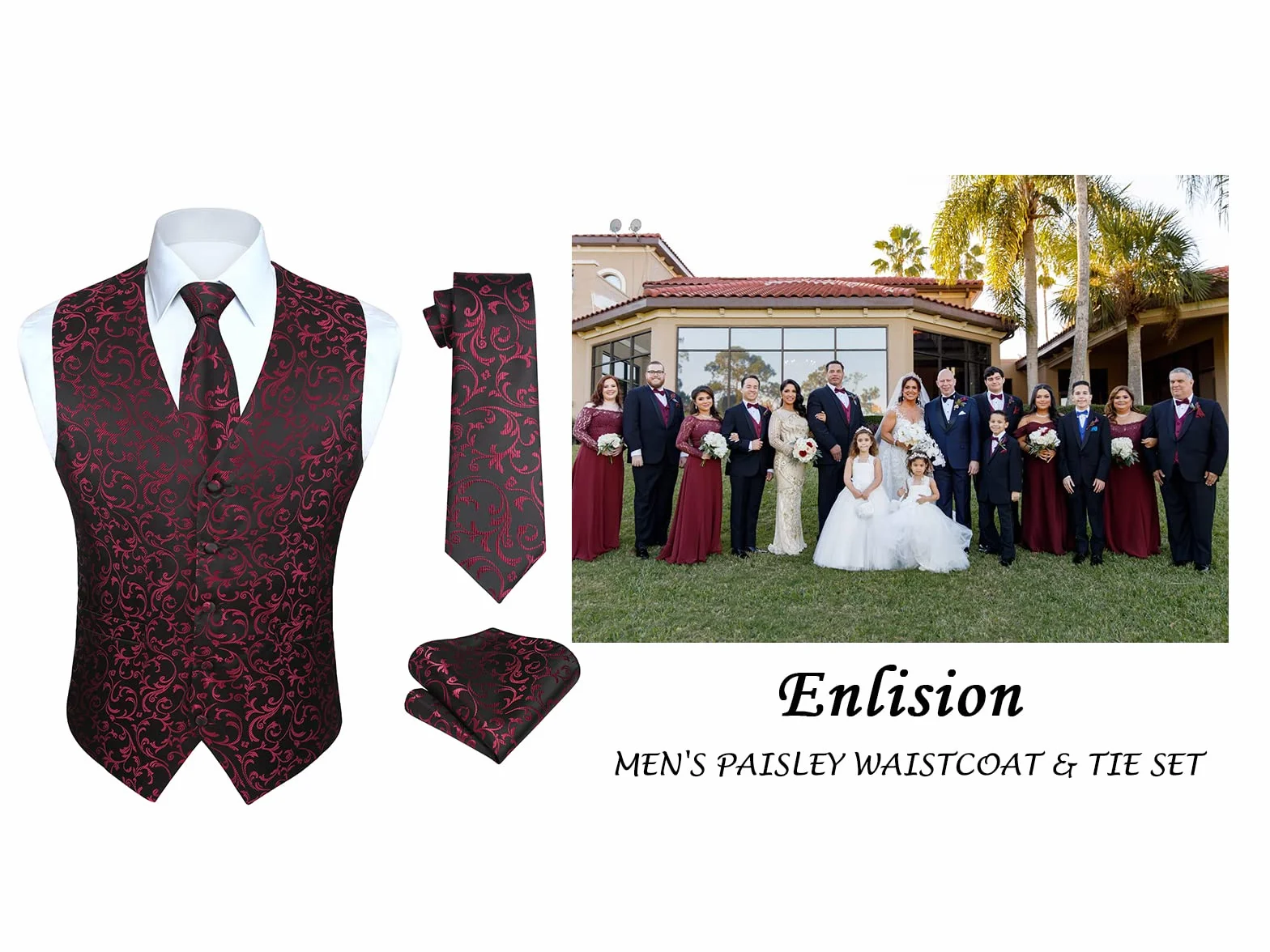 Enlision Chaleco de Vestir Hombre Boda Jacquard Paisley con Corbata y Pañuelo
