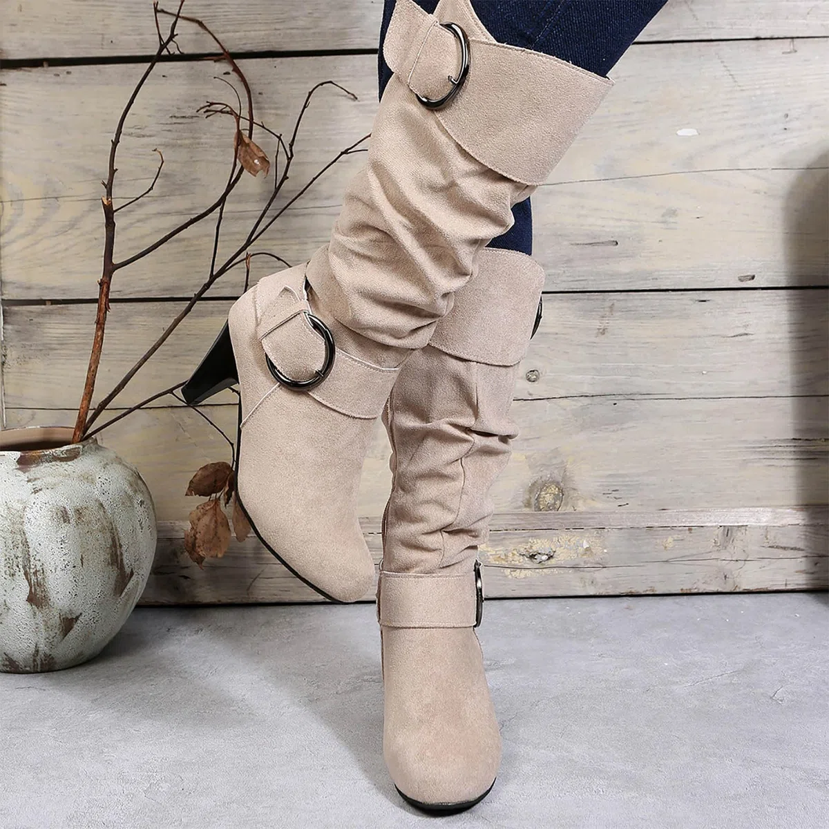 Generisch Botas de equitación de invierno para mujer e invierno Moda de gamuza Tacón fino Color sólido Botas de media pantorrilla Temperamento Botas cómodas
