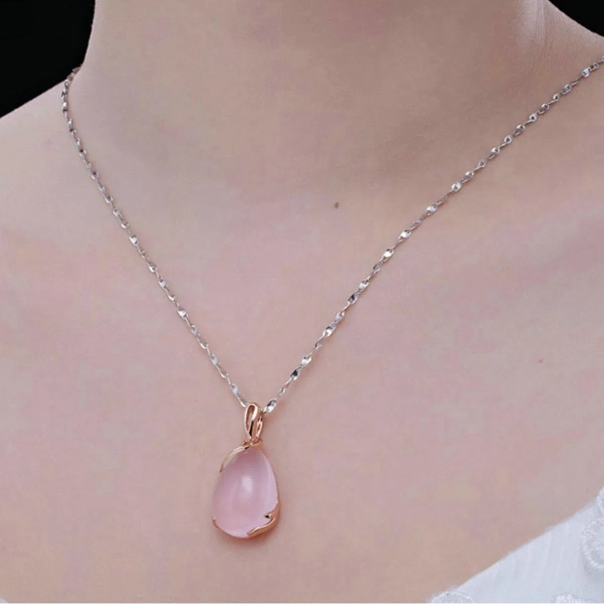 Collar para mujer de oro rosa 750 585 375 de oro auténtico, cadena colgante gota con cuarzo rosa de 14,5 ct, collar de boda de 45 cm para mujer