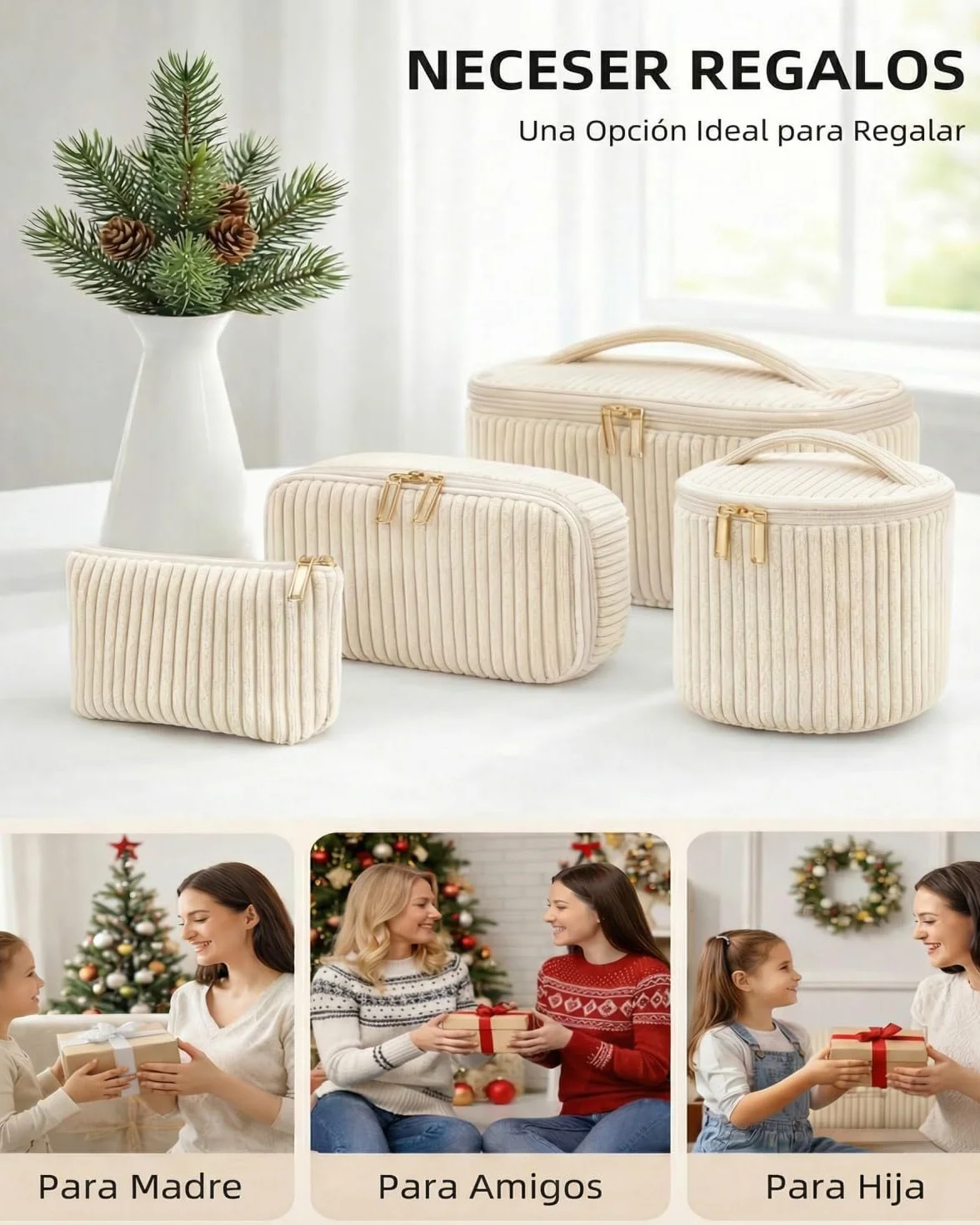 Set de 4 Neceseres Maquillaje Mujer de Nailon con Asa, Estuche Cosméticos Grande Mediano Pequeño Mini, Organizador de Viaje y Uso Diario, Beige