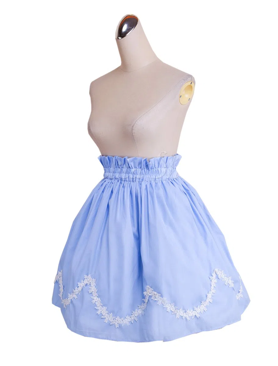 Antaina Azul Volantes Encaje Cute Kawaii Retro Victoriana Lolita Longitud de la Rodilla Midi Plisada Falda