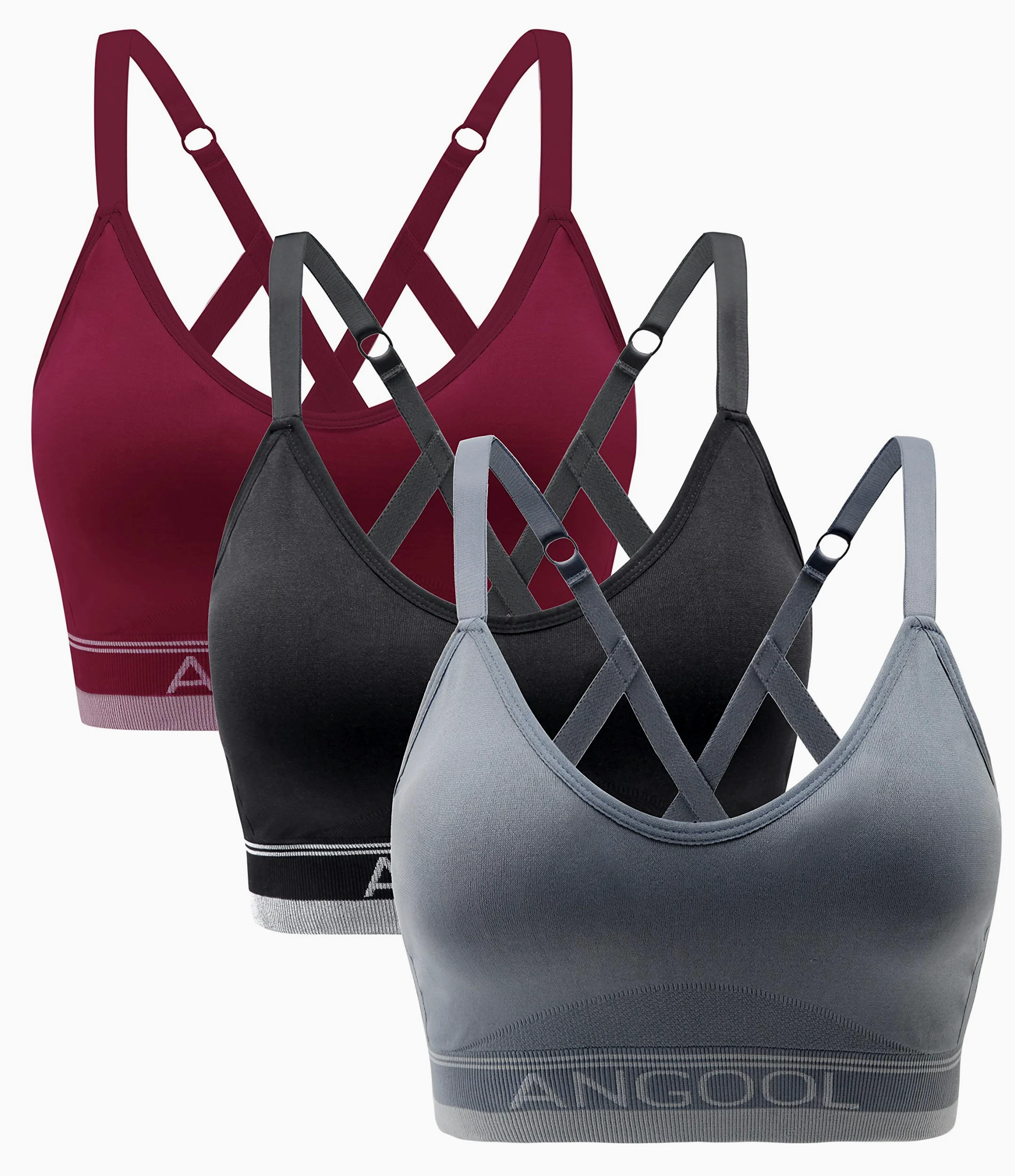 ANGOOL Sujetador Deportivo para Mujer con Correas Ajustables sin Costuras Copa Extraíble Correas de Hombro Cruzadas para Yoga Fitness Correr