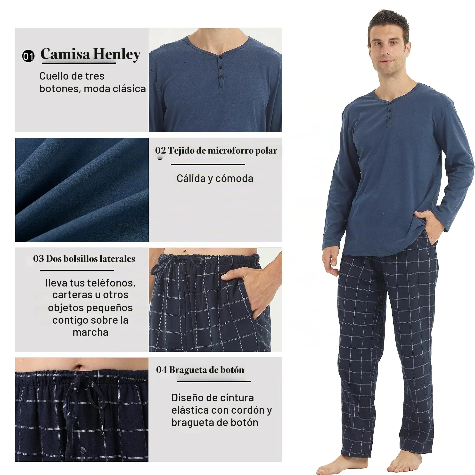 YUSHOW Pijama Hombre Invierno Pijama con Manga Larga Polar y Pantalón Largo de Algodón a Cuadros Conjunto de Pijama Cómodo y Calentito