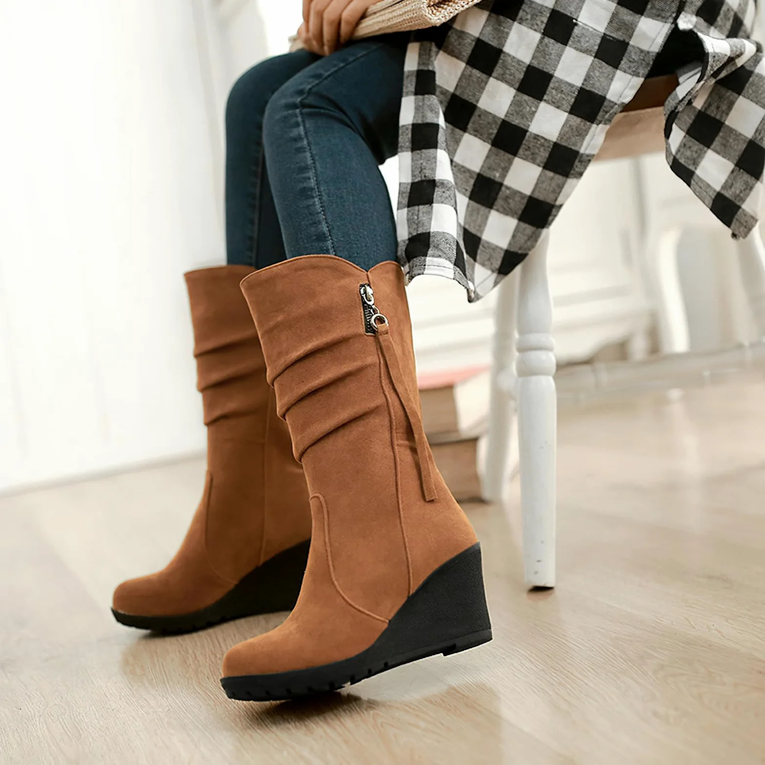 rismart Botas Slouch Mujer Media Pantorrilla Tacón Cuña Forro Fino de Piel Ante Zapatos de Invierno