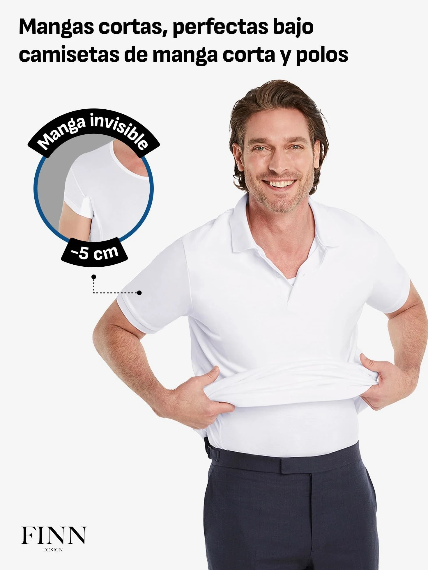 FINN Camiseta Antisudor Hombre Manga Extra Corta - Invisible Bajo Polo | Termina 5 cm más arriba y no se ve. Almohadillas de hasta 100 ml, tallas de la S a la 5XL