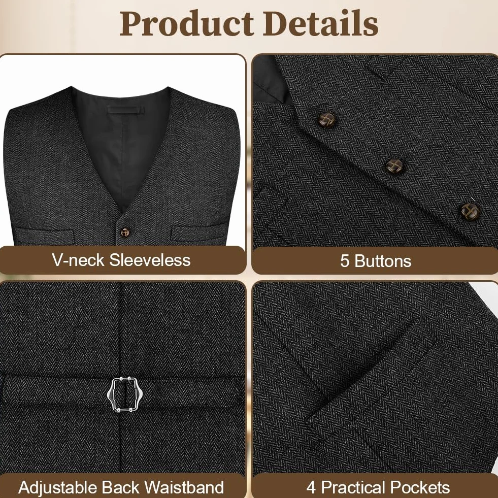AUYAO Chaleco Formal Hombre Lana Espiga Tweed Boda