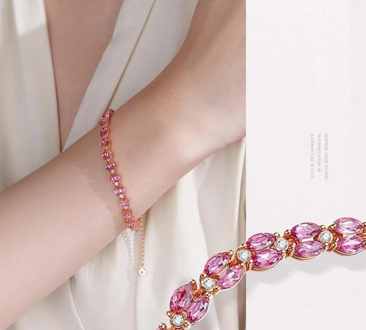 Pulsera de moda para mujer, pulsera vintage de cadena de rubí rosa, joyería de oro rosa de 9 K, 14 y 18 quilates con circonita cúbica