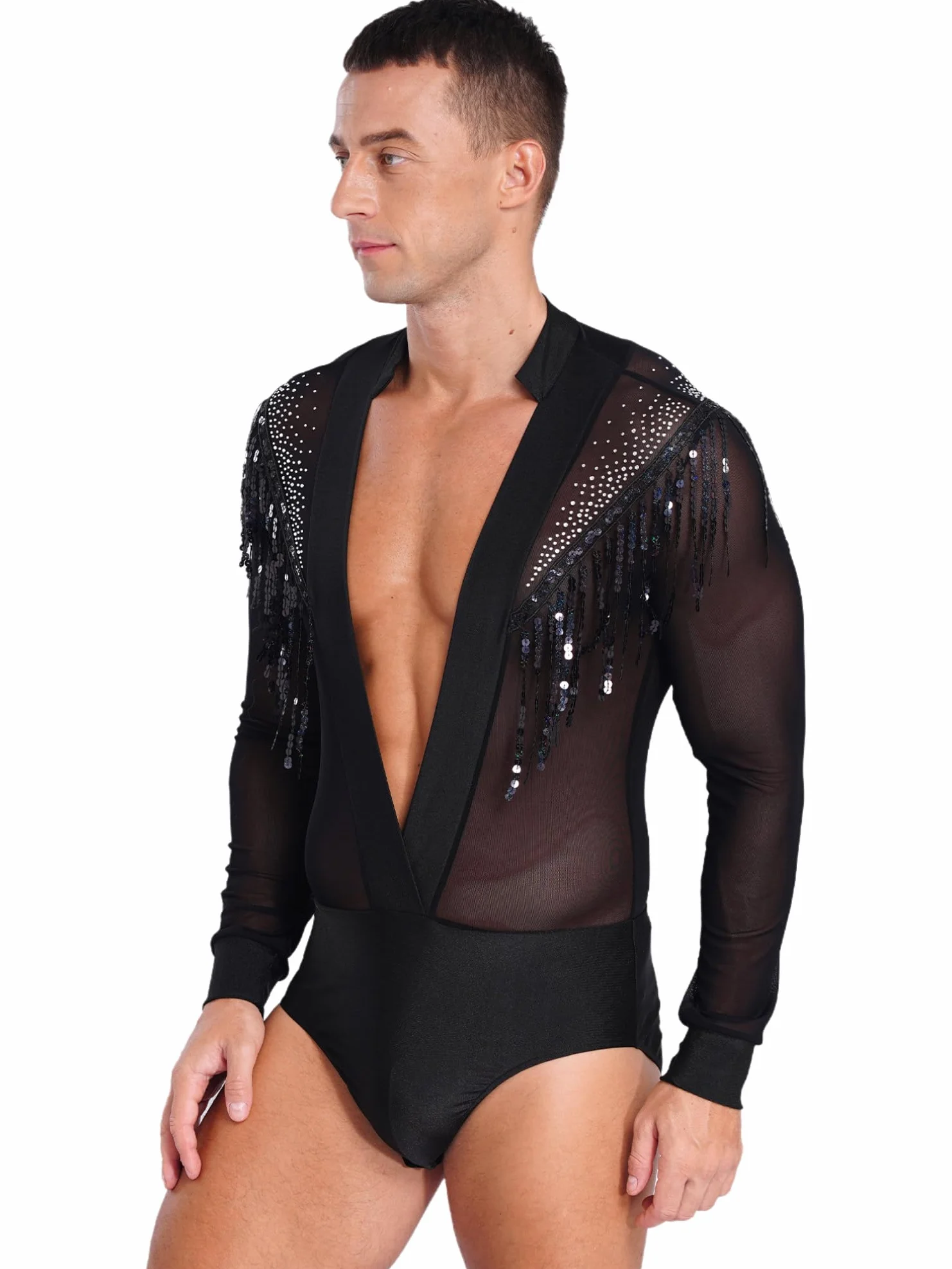 MSemis Body Manga Larga Baile Latino para Hombres de Gimnasia Rítmica con Diamantes Brillantes