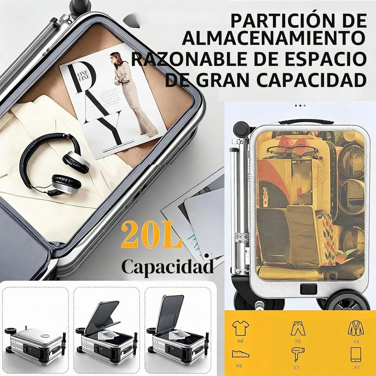 Maleta Inteligente Eléctrica 20'' con Marco de Aleación de Aluminio, Batería Segura 93,6 WH,Cerradura con Contraseña,Puerto de Carga Externo,Diseño Ligero e Impermeable Silver-with2battery