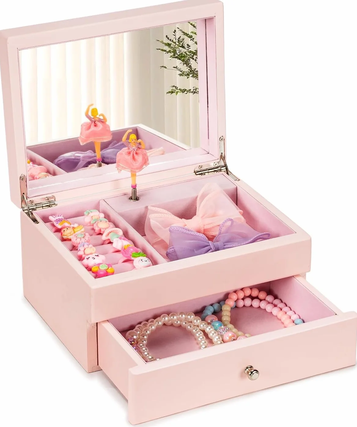 Joyero Musical Niña de Madera con Bailarina Giratoria, Regalo Navidad Cumpleaños (Rosa)