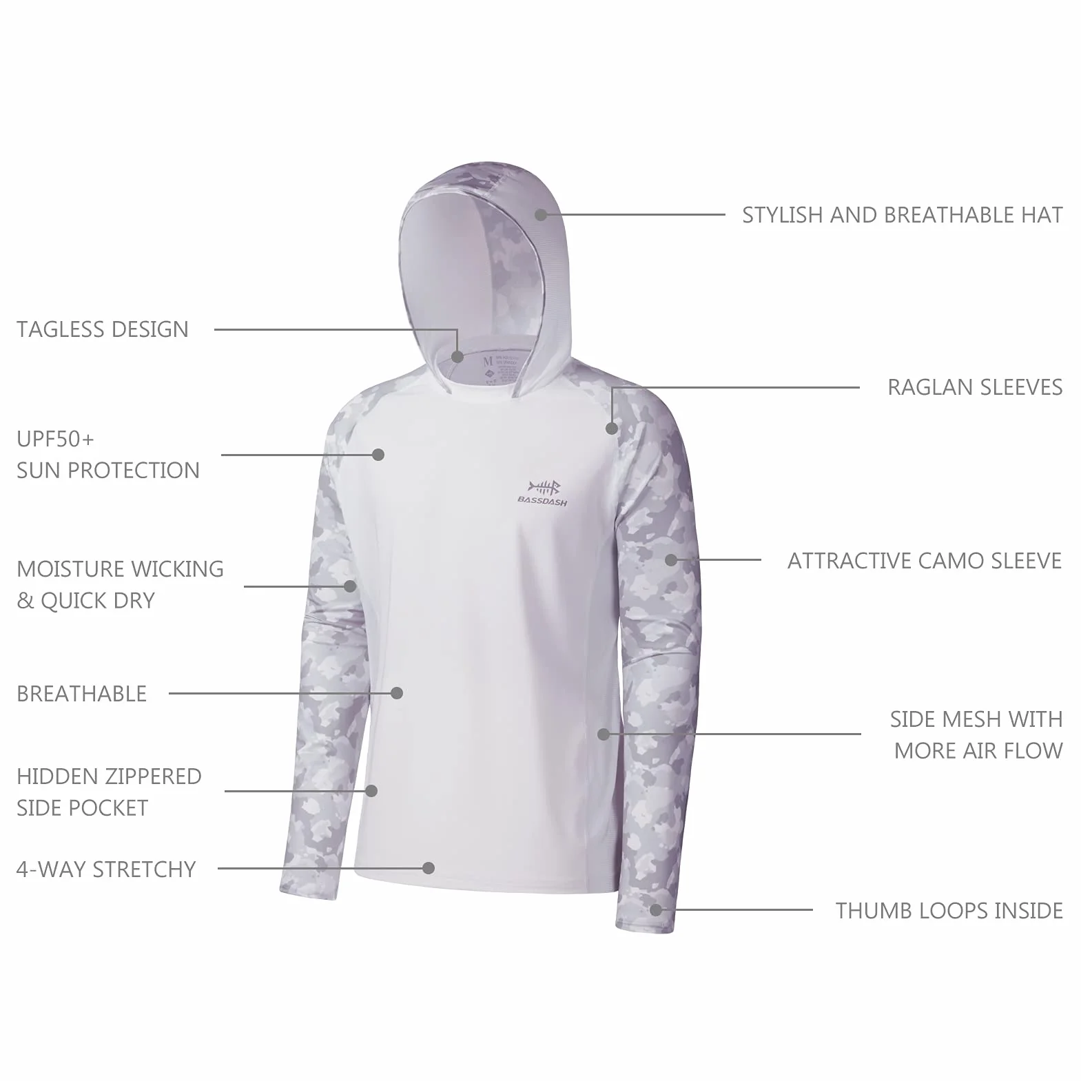 Bassdash Camiseta de Pesca de Rendimiento UPF 50 para Hombre con Capucha de refrigeración de Camuflaje de Manga Larga
