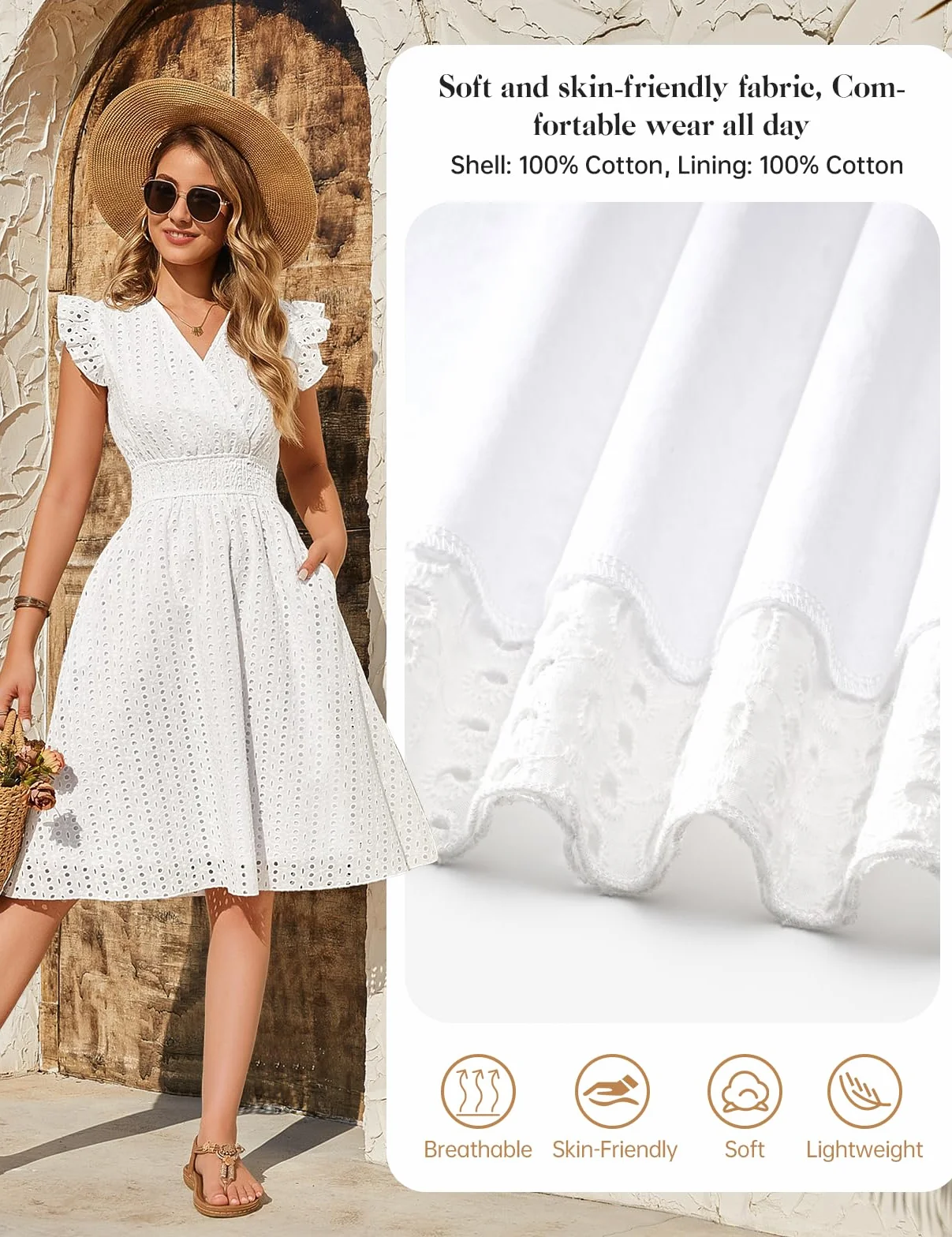 Vestidos Verano Mujer Sin Mangas Corto Cuello en V Algodón Elegante Dress Manga Volantes Cintura Alta Elástica Mini Playa Sueltos Casual Bolsillos