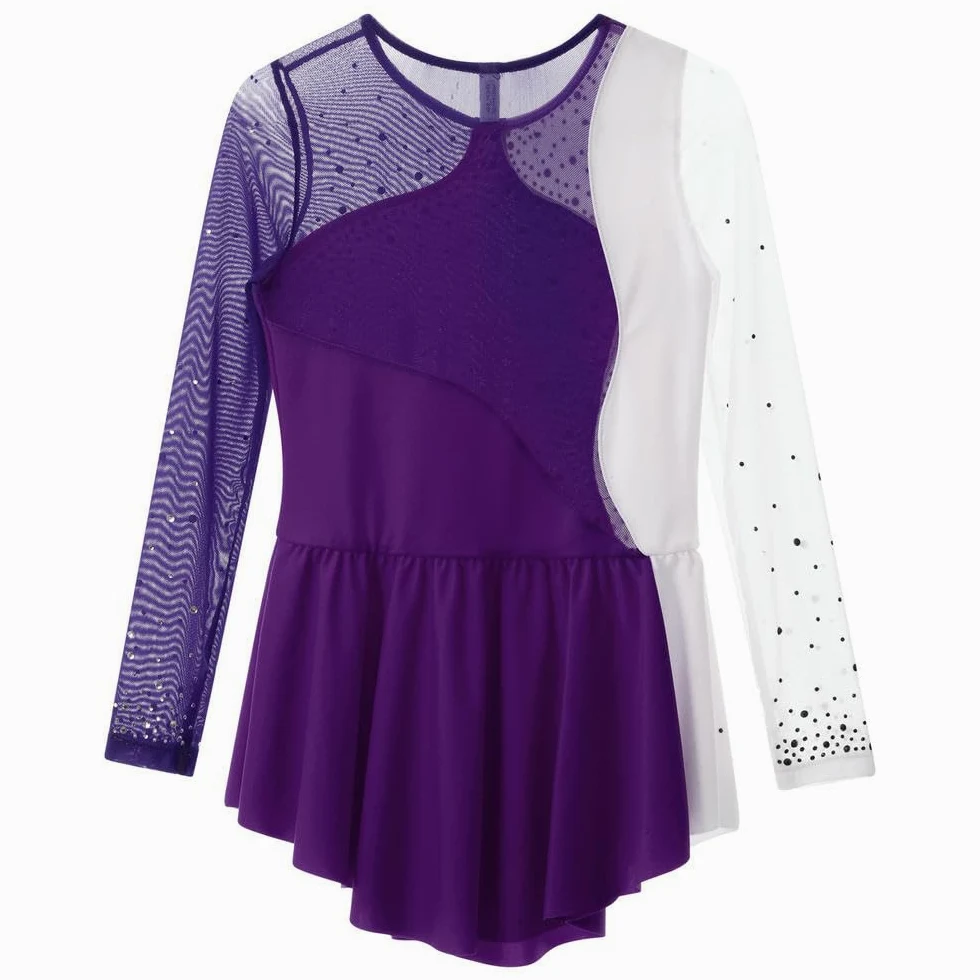 QXDZSW - Vestido de patinaje artístico para niñas, manga larga, con diamantes de imitación, vestido de gimnasia, leotardo, ballet, danza, actuación
