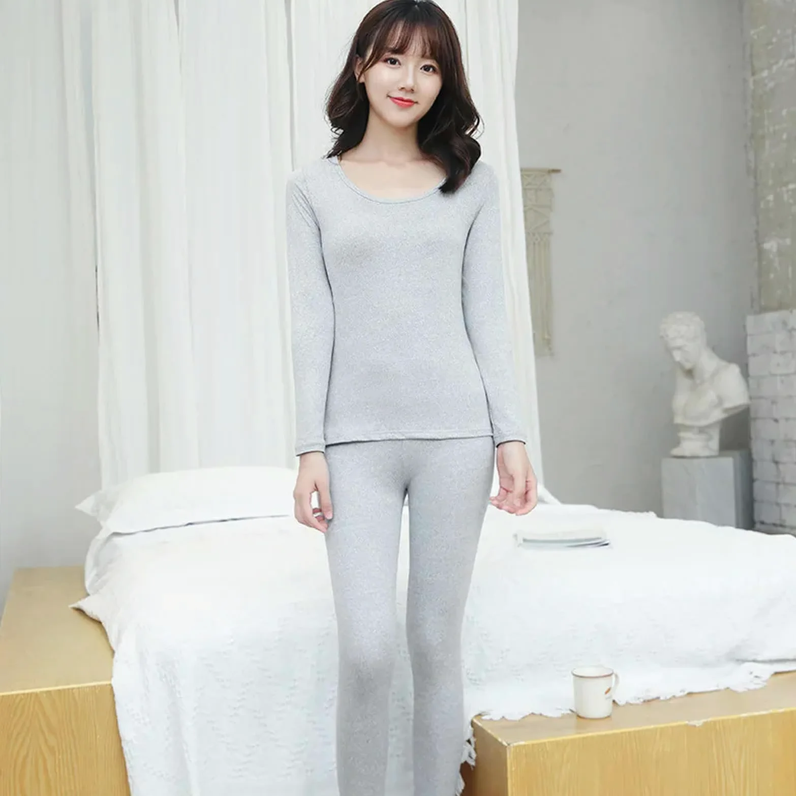 MdybF Conjuntos Térmicos para Mujer Juego De Ropa Interior Térmica para Mujeres Long Johns Capa Base Forrada Top Top Inport 2 Piezas Conjunto-Blanco-Metro