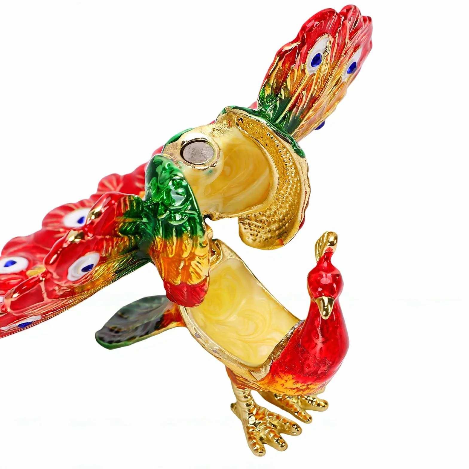 Luocute Caja de Baratija de Pavo Real Esmaltada, Joyero Pintado a Mano con Diamantes de Imitación y Cierre Magnético, para Decoración del Hogar (rojo)