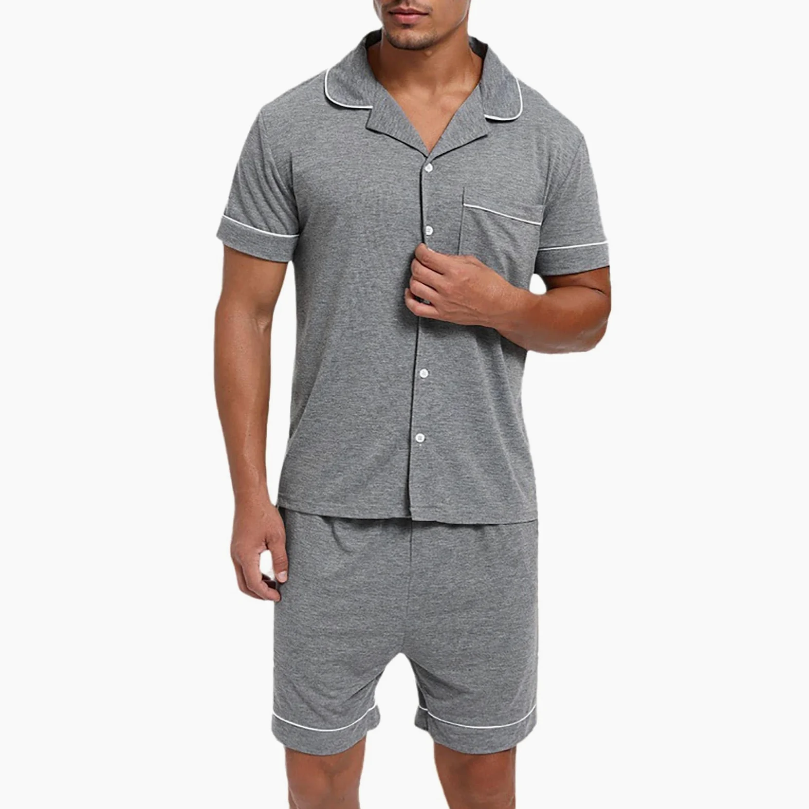 Pijama corto para hombre y hombre, conjunto de pijama de manga corta con botones, ropa de dormir de dos piezas con botones y bolsillos