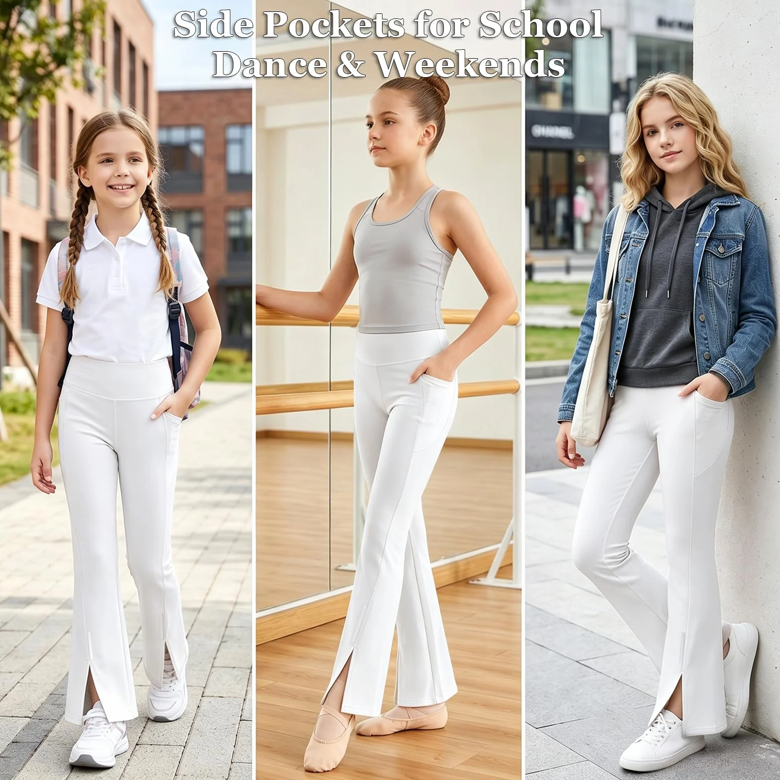 Leggings Deportivos para Niñas con Bolsillo y Tiras Reflectantes, UPF 50 Acampanados Pantalones Transpirable Elástico Casual Escuela Pantalón Ninos Mallas para 7-15 Años