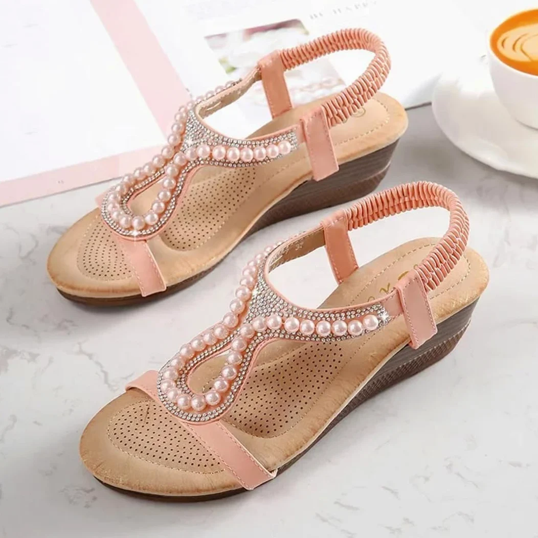 Sandalias de gladiador con banda elástica delantera y trasera para mujer, tacón de cuña, parte superior de poliuretano, cuentas de diamante