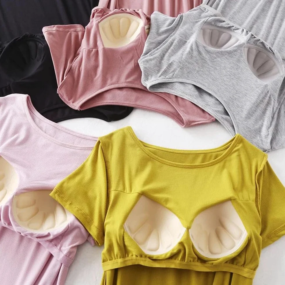 Camisón Para Mujer - Camisón De Modal De Manga Corta Para Mujer, Ropa De Dormir De Verano Con Cuello Redondo, Mini Camisón Con Almohadilla En El Pecho, Ropa De Dormir Informal Holgada Para El Hog