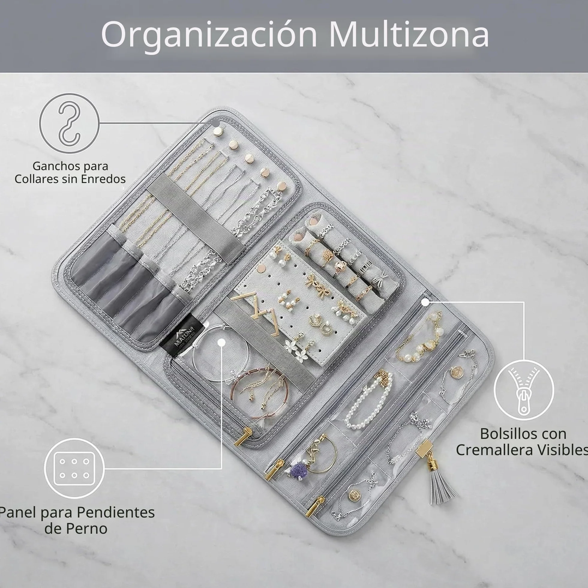 Rollo de Joyería Plegable Portáti Gran Capacidad Bolsa de Rollo de Joyería Portáti Enrollable Suave para Joyería Caja Joyero Portátil para Collares,Pendientes,Anillos, Pulsera,Pendientes Anillos(Gris)