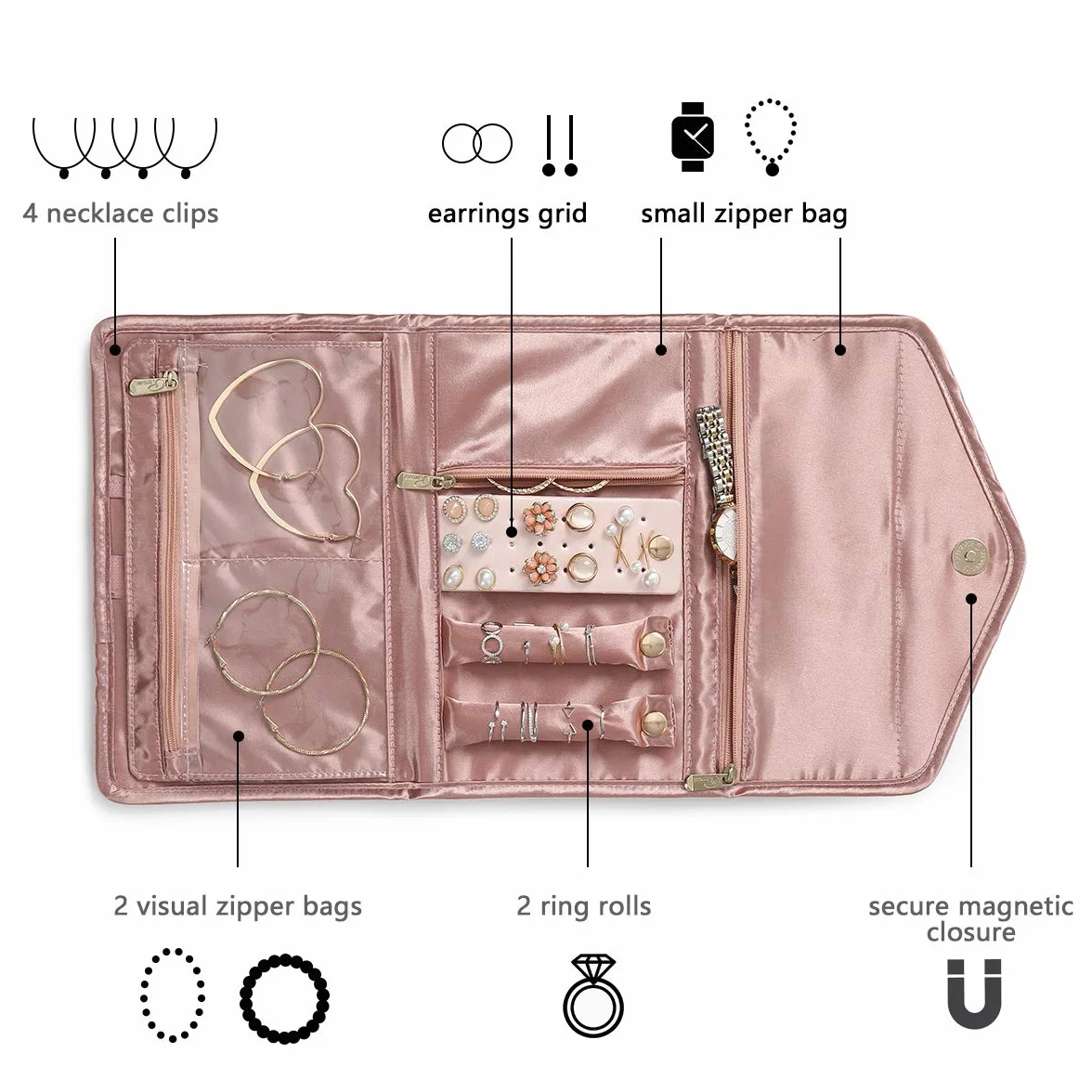 Bolsa de Rollo de Joyería, Organizador de Joyas Terciopelo Estuche Joyas Bolsas Viaje para Collares, Pulseras, Pendientes, Anillos, Relojes - Rosa …