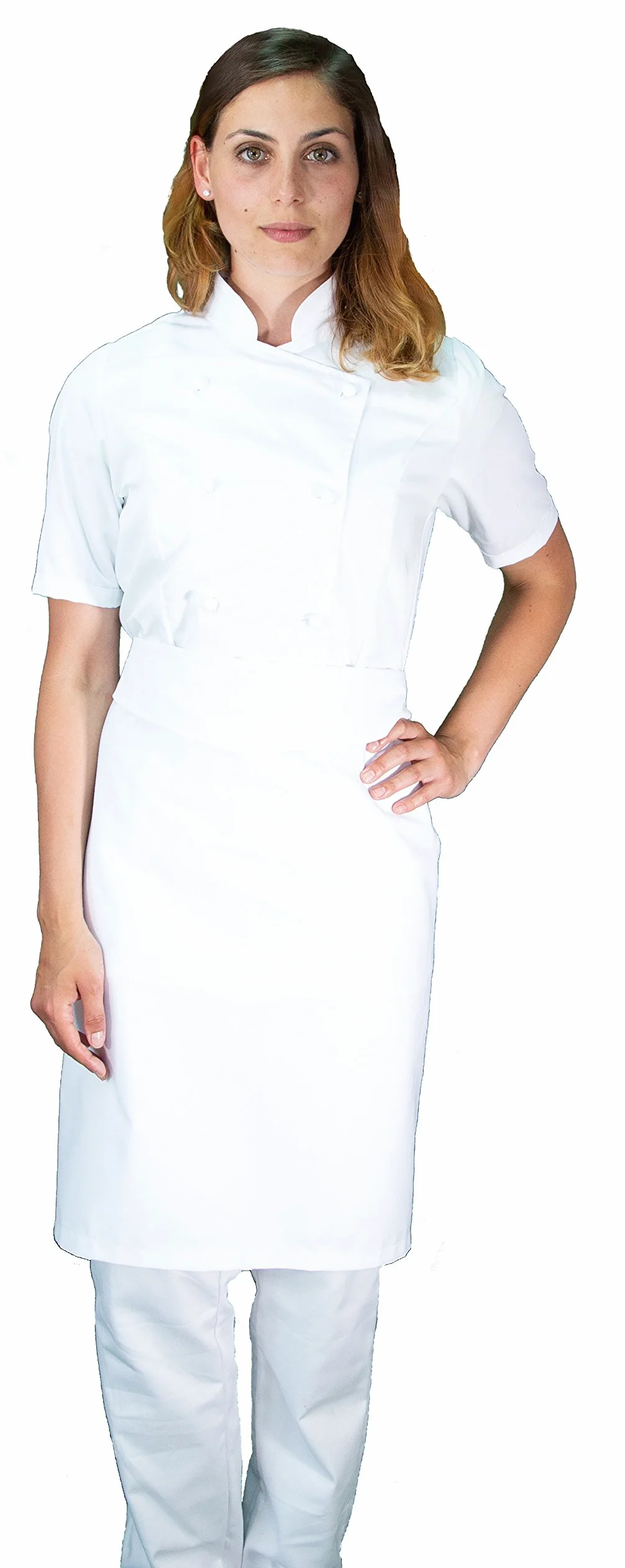 Bordado gratuito – Conjunto de cocinero de cocina – blanco – uniforme de chef mujer de manga corta – Pantalón, chaqueta y delantal – Fabricado en Italia
