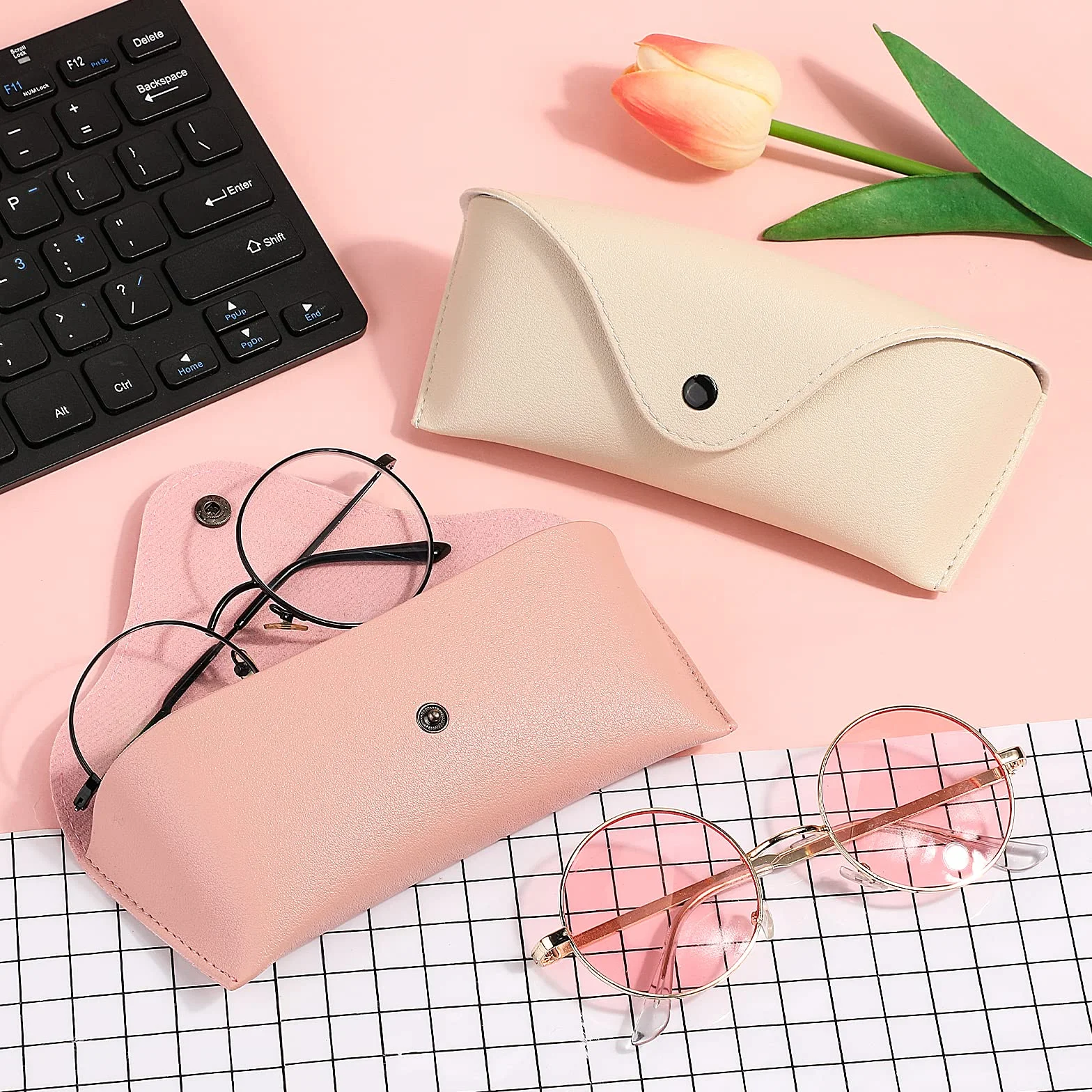 Estuche para Gafas Hifot de PU Cuero 2 Piezas Rosa y Blanco