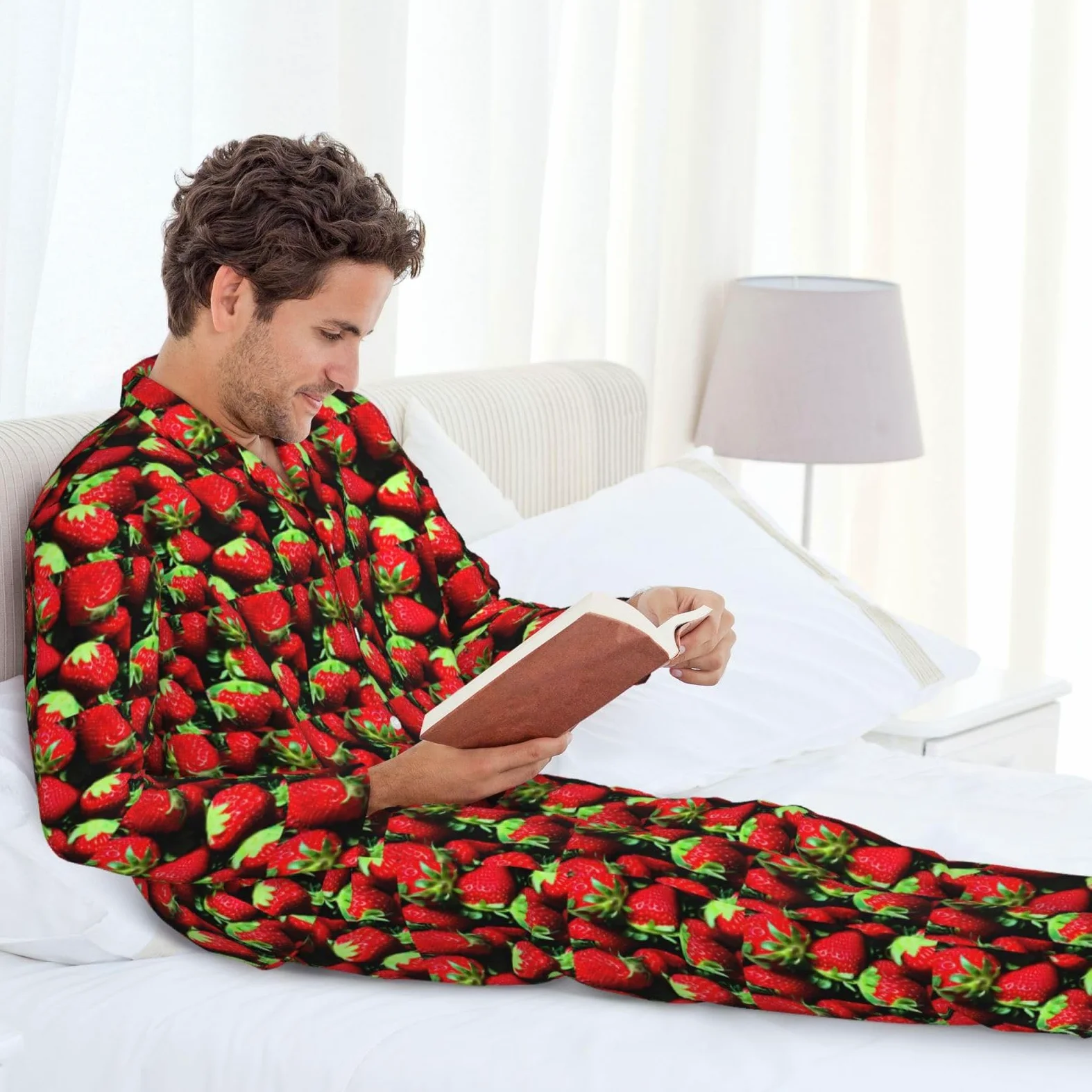 Conjunto de pijama de manga larga para hombre con estampado de fresas, transpirable, acogedor, ropa de dormir para el hogar