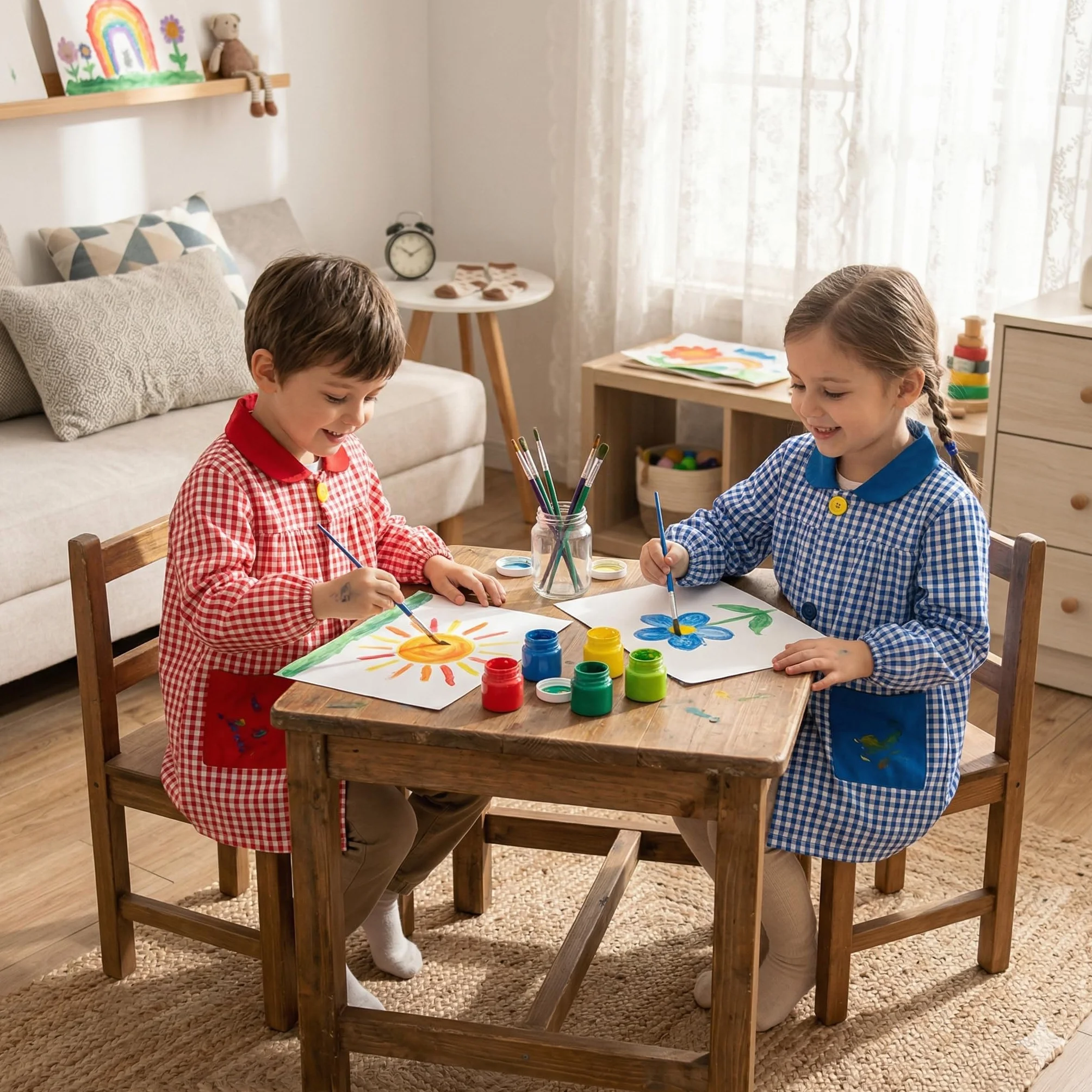 Bata escolar infantil HOMYBABY® con botones para guardería y colegio - Fácil de poner y quitar con bolsillos y puños cerrados (Rojo, Talla 1)