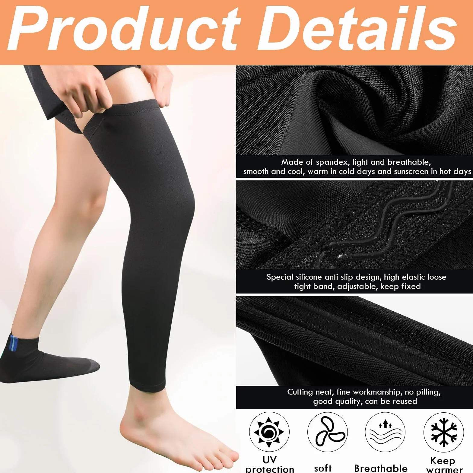 PIMXL 2 Pares Calentadores de Compresión para la Rodilla, Calcetines de Compresión, Mangas de Pierna de Compresión Mangas de Longitud Completa Mangas para Unisex, Rodilla, Muslo (Negro y Blanco)