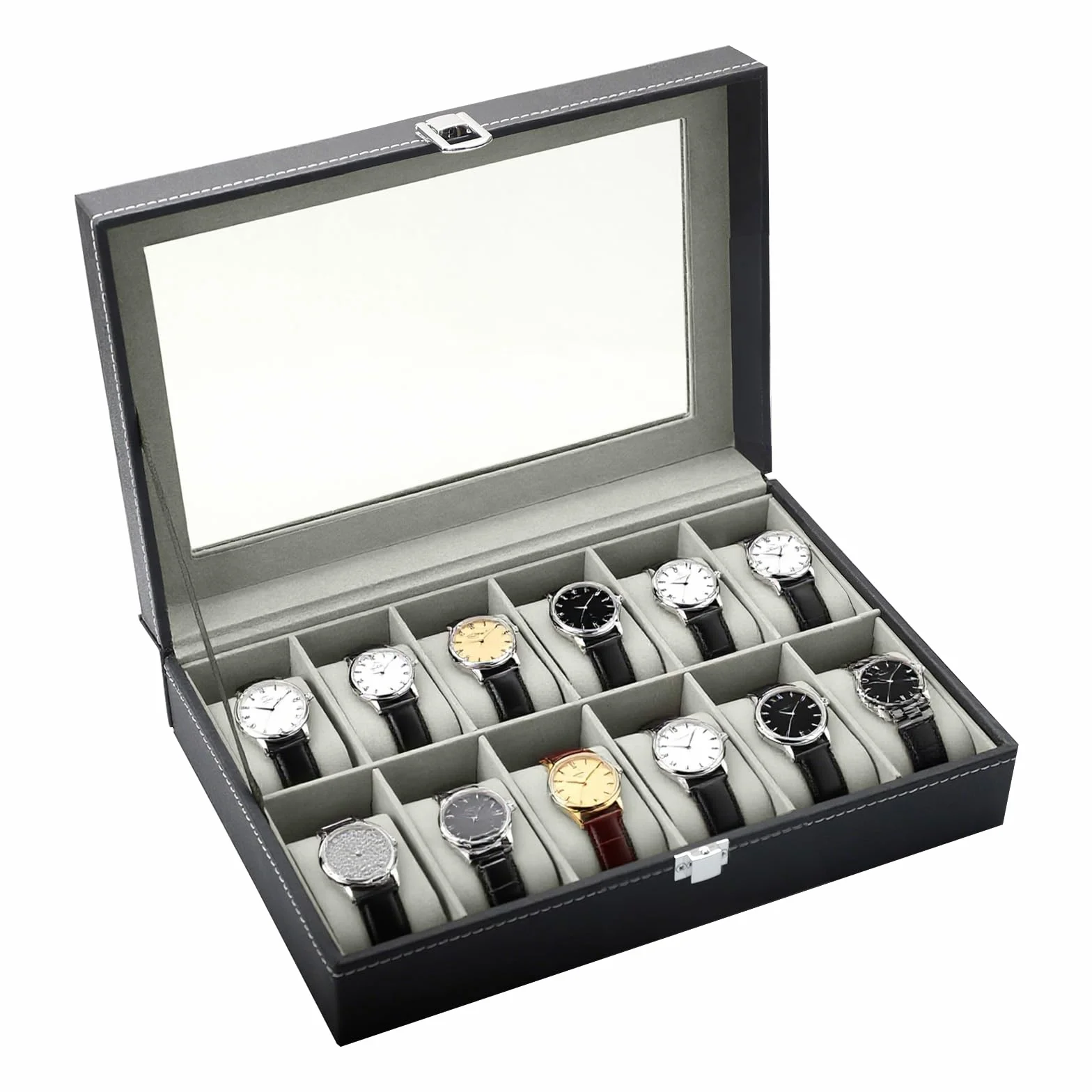 Caja de Relojes 12 Compartimentos Estuche de Relojes de PU con Cubierta de Cristal acrílico y almohadillas extraíbles unisex para regalo o almacenamiento personal