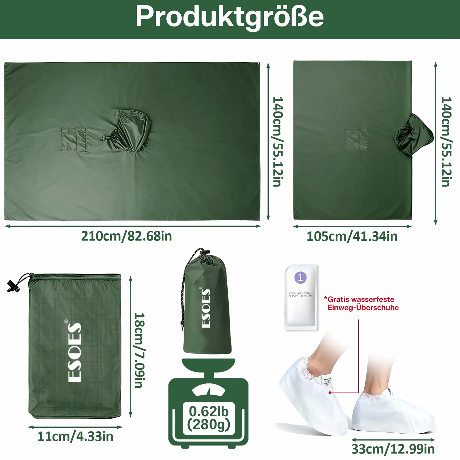 Esoes Poncho impermeable ligero hombre y mujer, chaqueta impermeable multiusos para actividades al aire libre con capucha, bolsa plegable y cubrezapatos