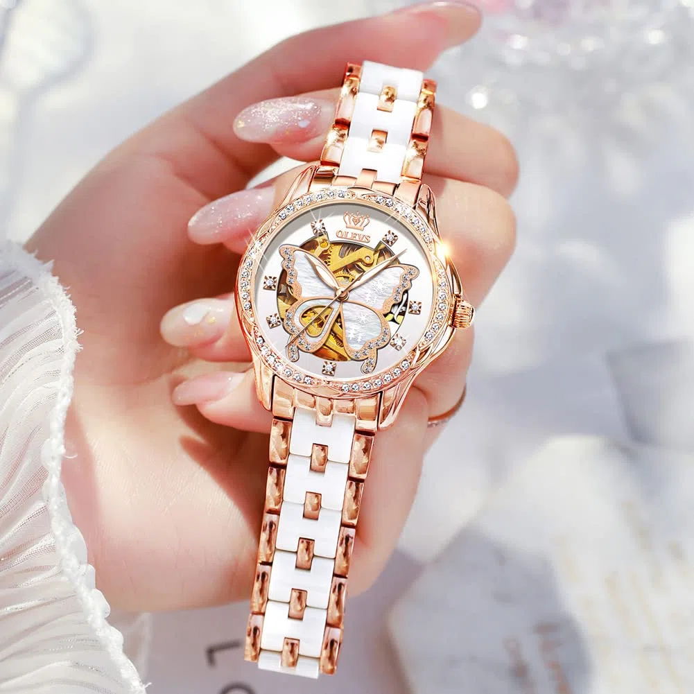 OLEVS Relojes automáticos para mujer, oro rosa, vestido de diamantes de moda, reloj de pulsera mecánico de dos tonos, correa de cerámica impermeable luminosa, juego de regalo, Esfera de mariposa