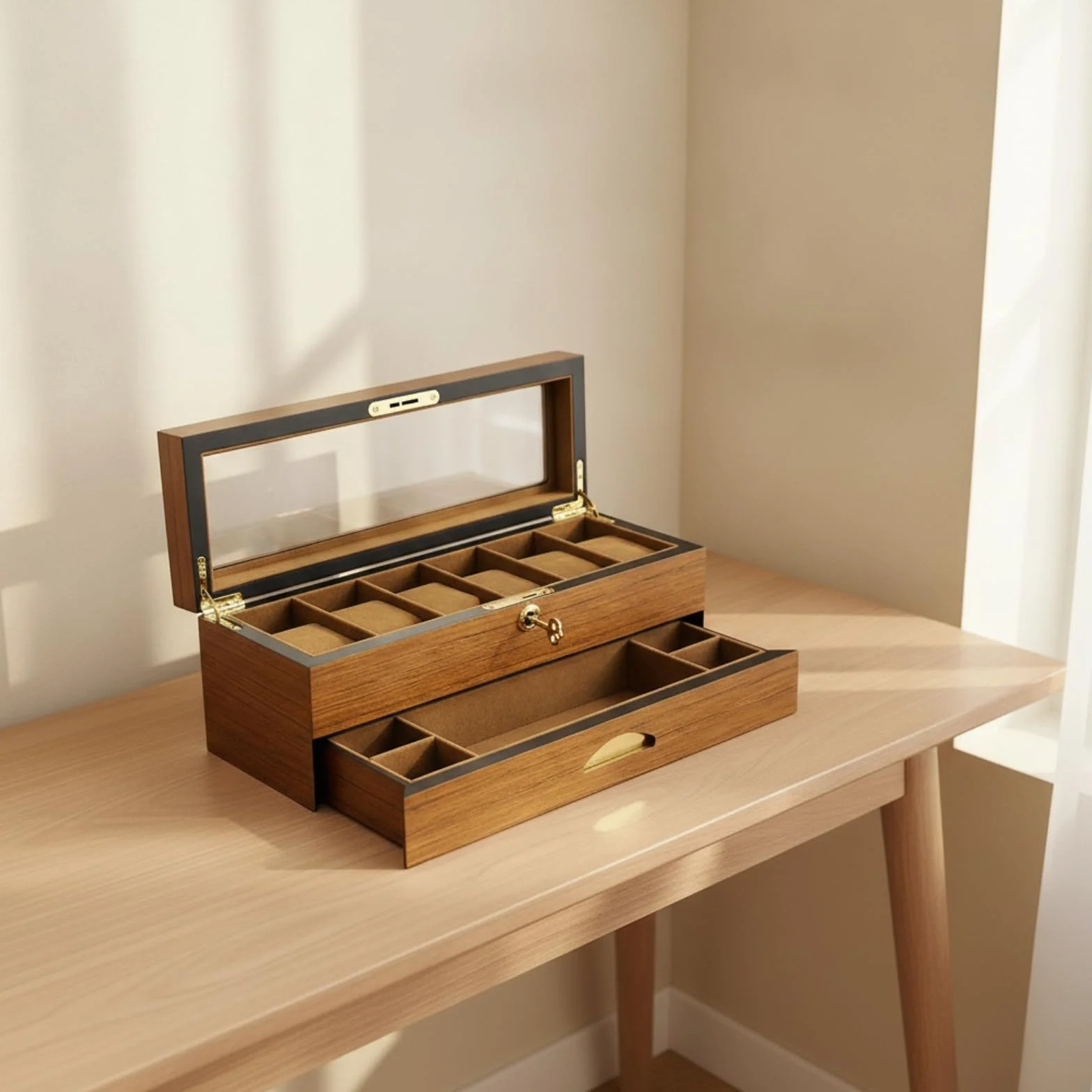 Organizador Relojes con Tapa Cristal Compacto Joyero con Cierre Cómodo Organizadora Joyas Tapa Cristal para, Caja De 6 Relojes De Doble Capa Con Cajón, Acabado En Nogal Negro