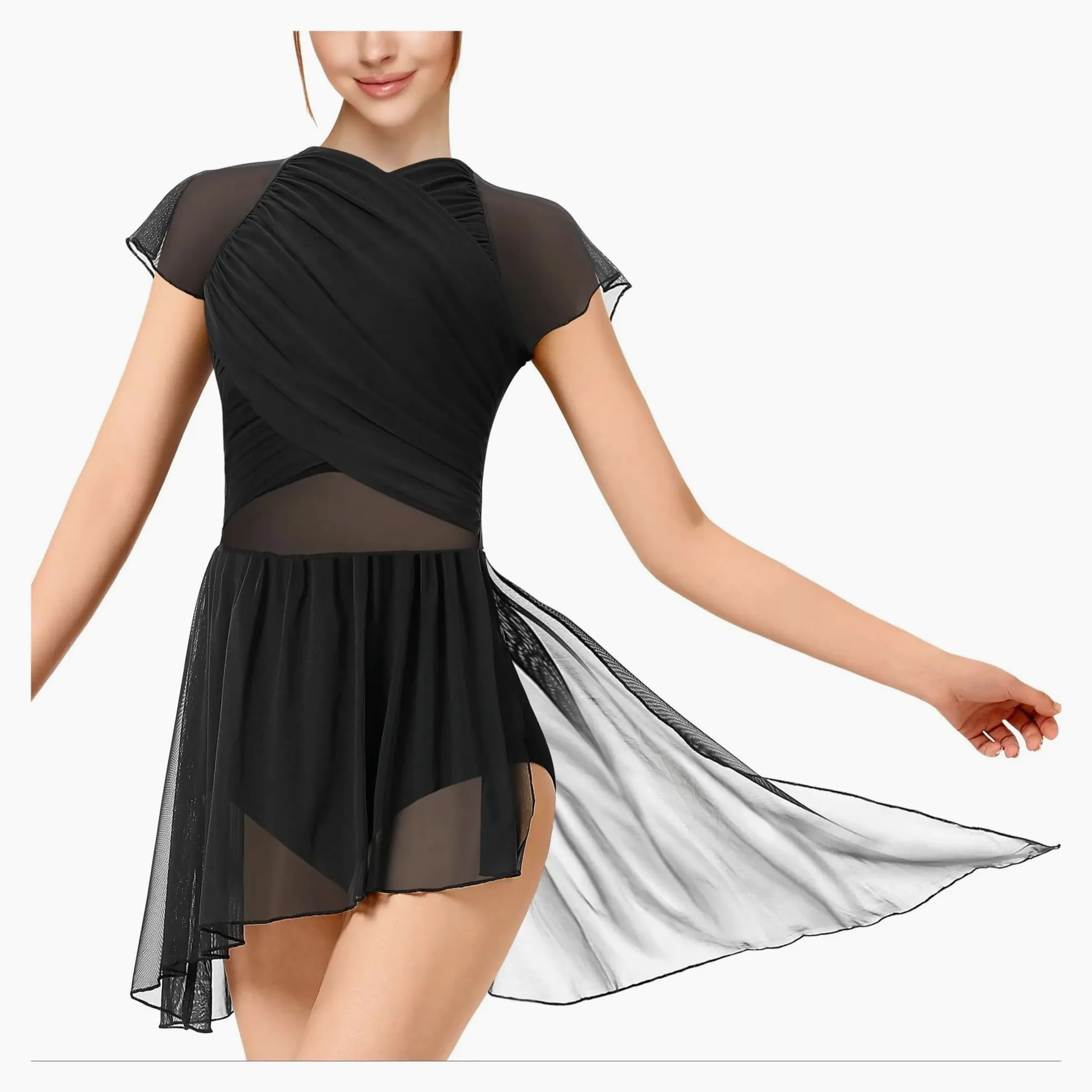 Vestido de Patinaje Artístico Vestido de baile for mujer, malla con mangas onduladas y falda, traje lírico, espalda hueca con efecto gota de agua