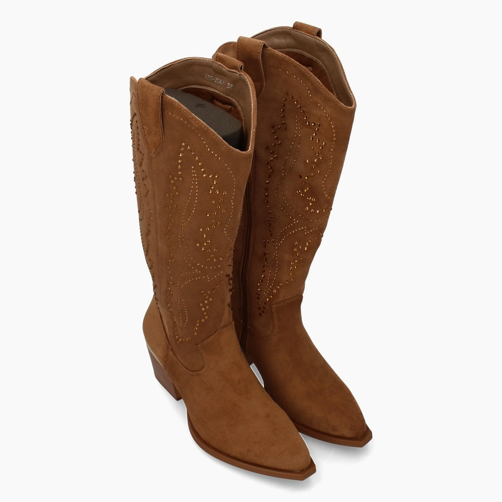 Botas de Mujer con Diseno de Brillantes en la Cana, Tacon Cubano de 6cm. Estilo Cowboy con Cierre de Cremallera.