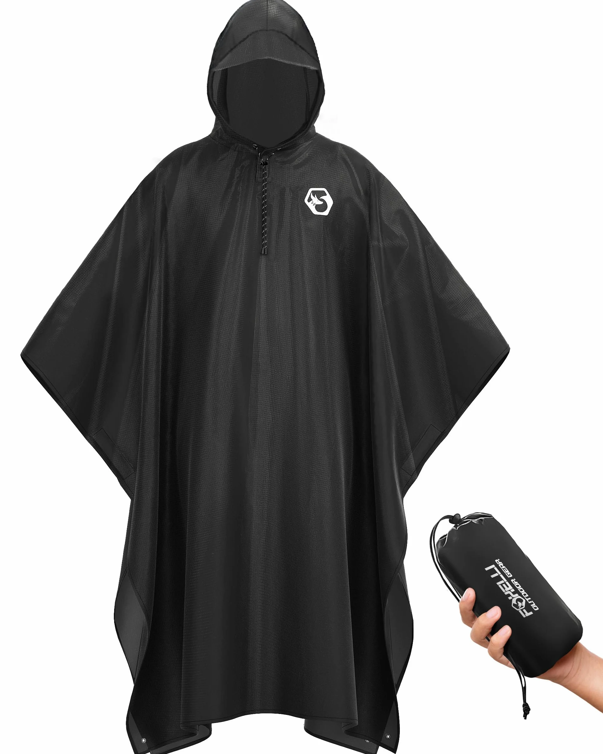 Foxelli Poncho de lluvia con capucha para adultos – Chubasquero impermeable, reutilizable, extra largo, para hombre y mujer, equipo ligero, negro, talla única, Negro , Talla única