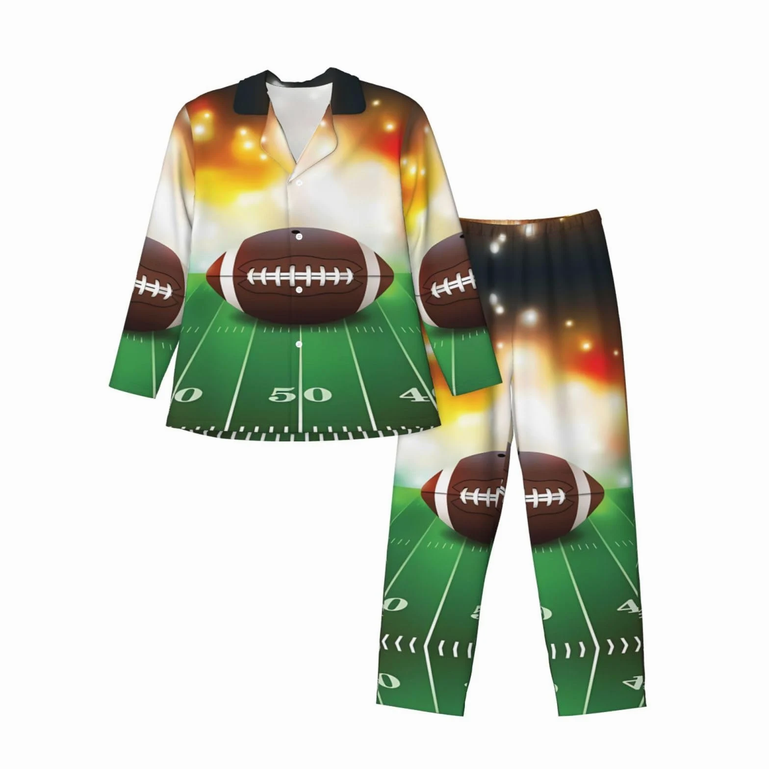 Conjunto de pijama deportivo con estampado de pelota de fútbol americano sobre hierba, de manga larga, con cuello y cintura elástica y bolsillos