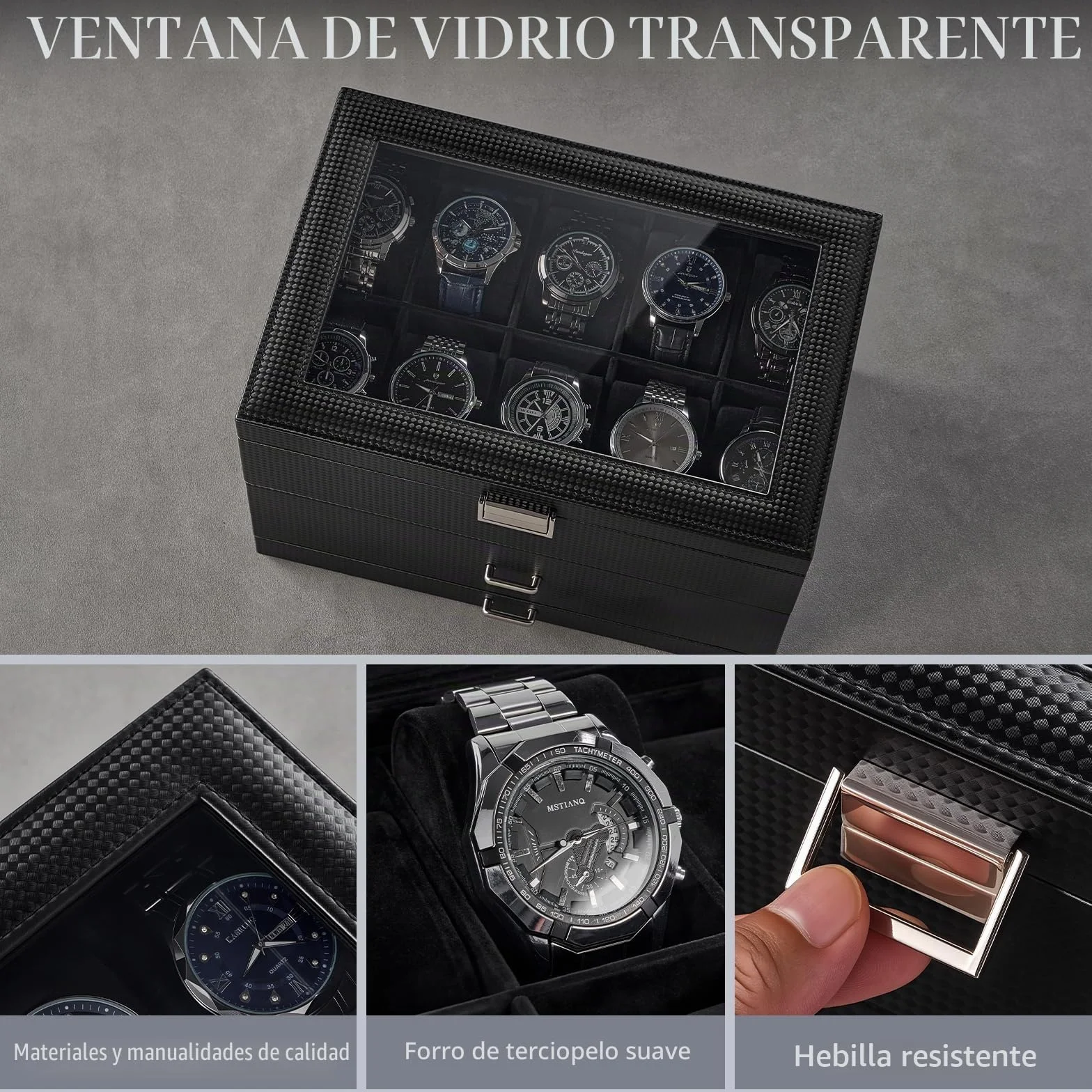 ProCase Organizadora para Relojes para Hombre, 20 Ranuras Caja Organizadora de Joyería de 3 Capas con Cajón Estuche de Almacenaje con Tapa de Cristal Vitrina Expositor -Negro Puro