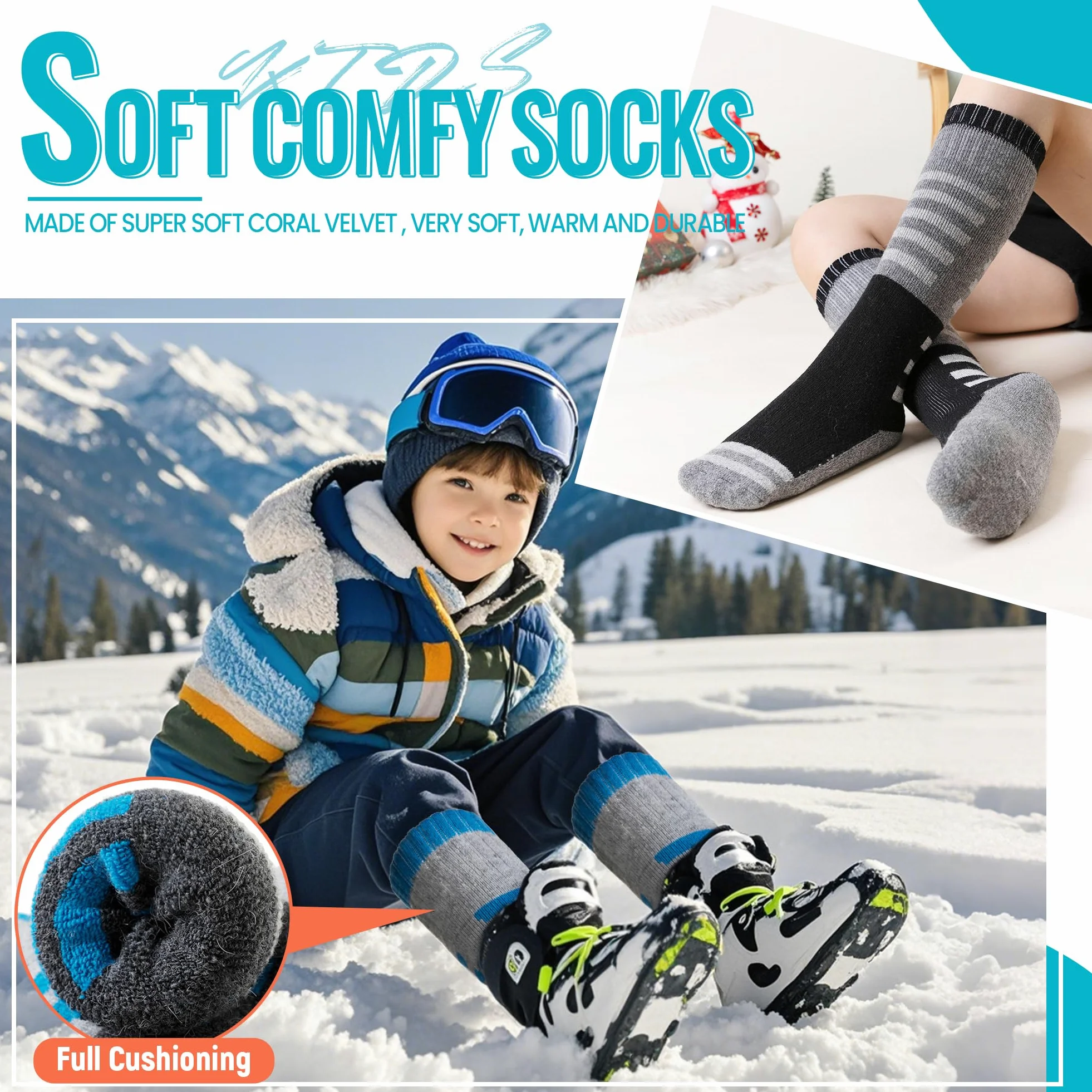 Velice Calcetines de esquí de lana merino para niños, 3 pares, térmicos, gruesos, cálidos, para invierno, para esquí, snowboard