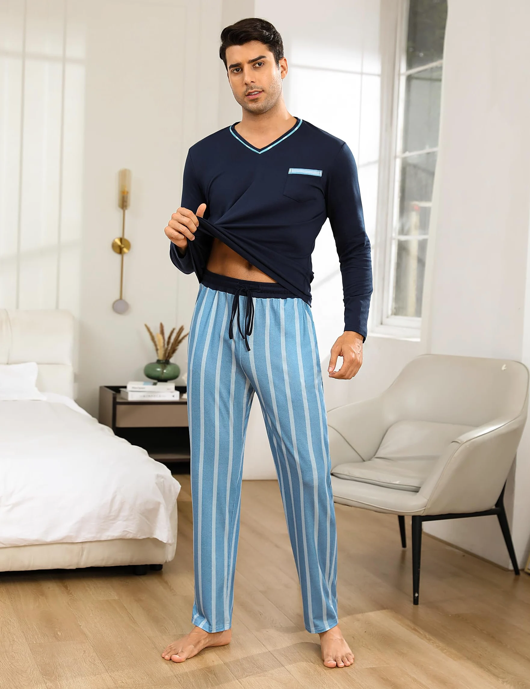 Demegimi Pijama Hombre Invierno Algodón Rayas Pijamas de Manga Larga para Hombres Conjuntos de Pijama de 2 Piezas Ropa de Dormir Cuello en V y Pantalones Largos Suaves