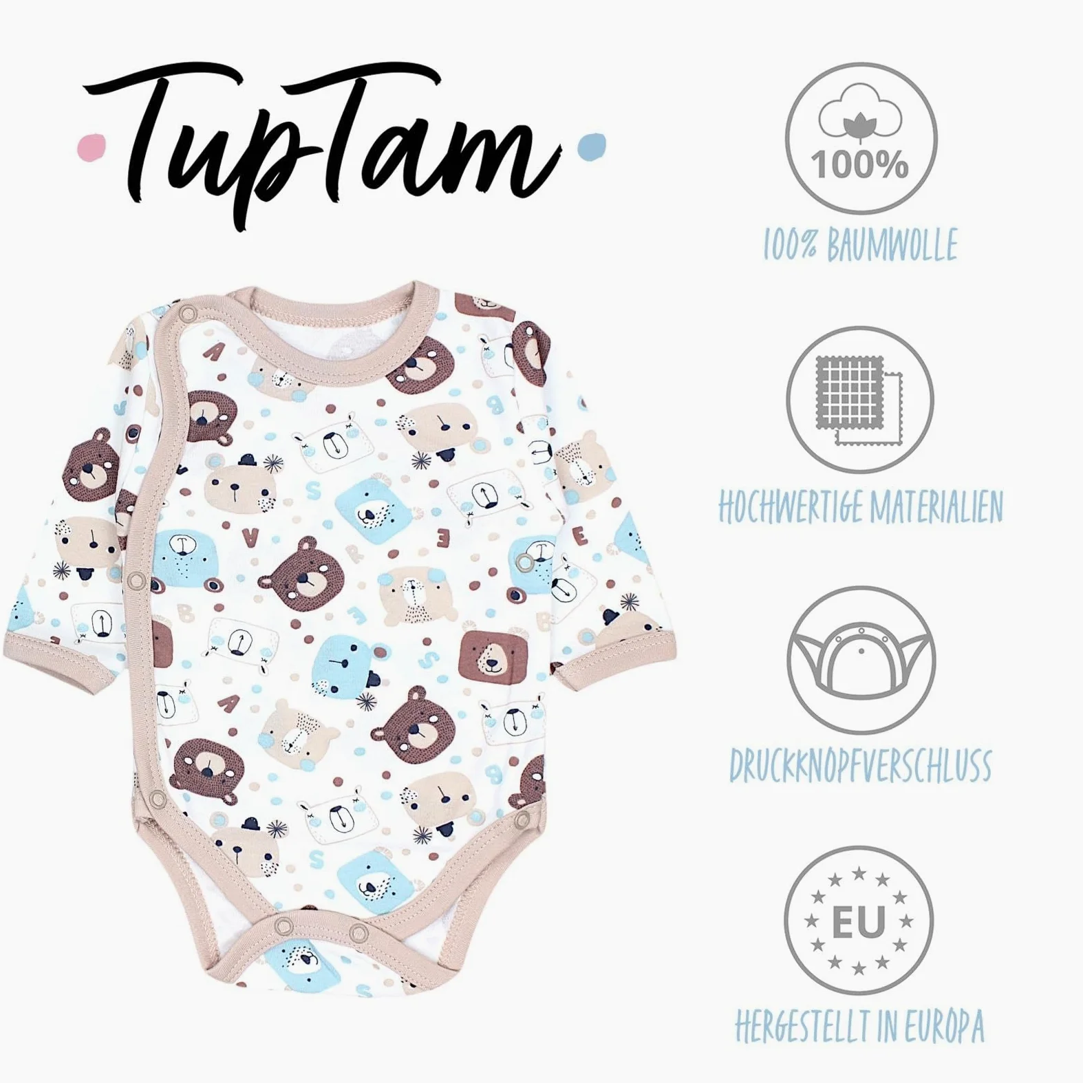 TupTam Body Bebe Manga Larga 5 Unidades – Bodies Bebe con Cierre Lateral en Algodón para Niño y Niña