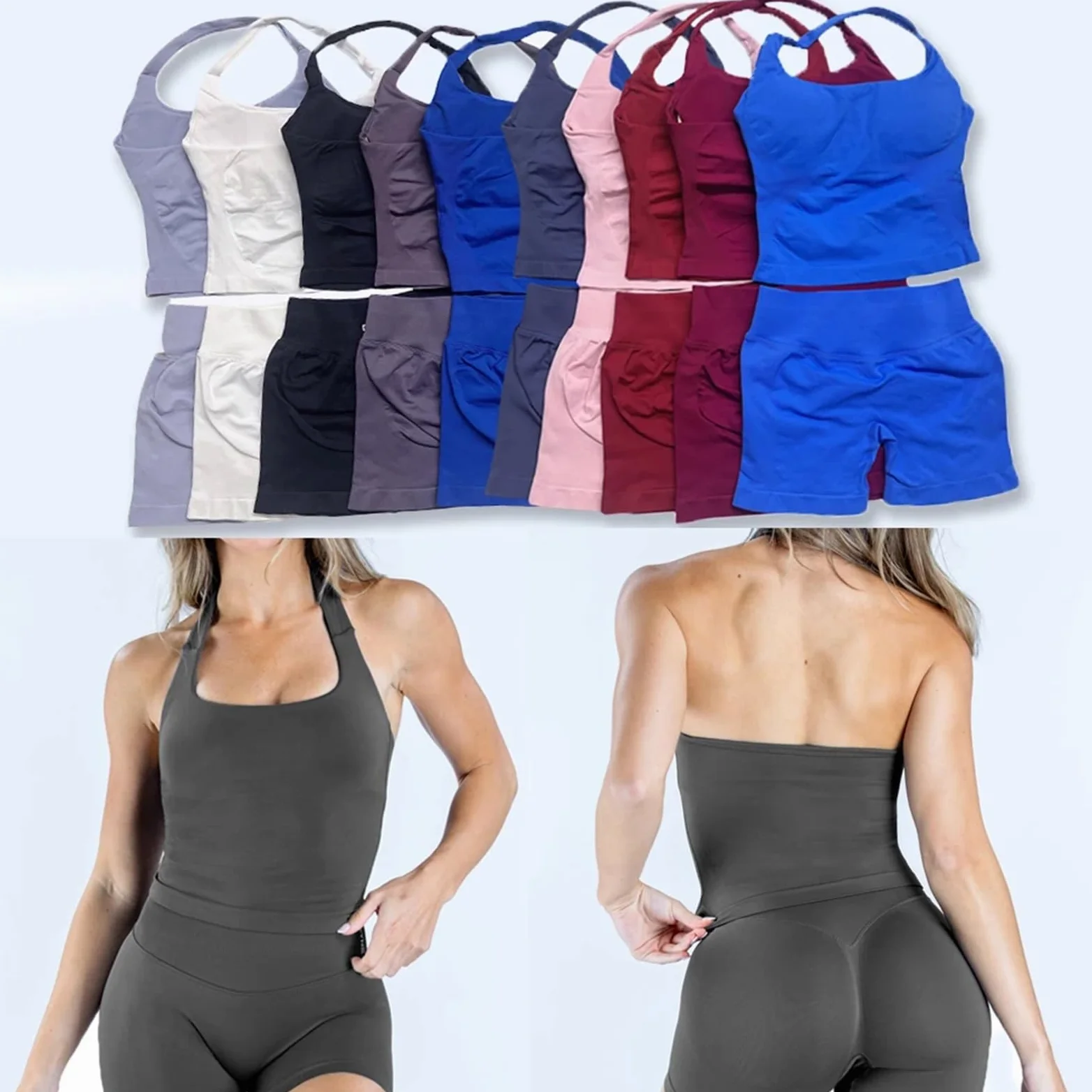 Set de Yoga Mujer Conjunto de Yoga Dos Piezas, Conjunto Gimnasio Impacto, Top Deportivo con Cuello Halter y Pantalones Cortos 4,5 Pulgadas sin Espalda